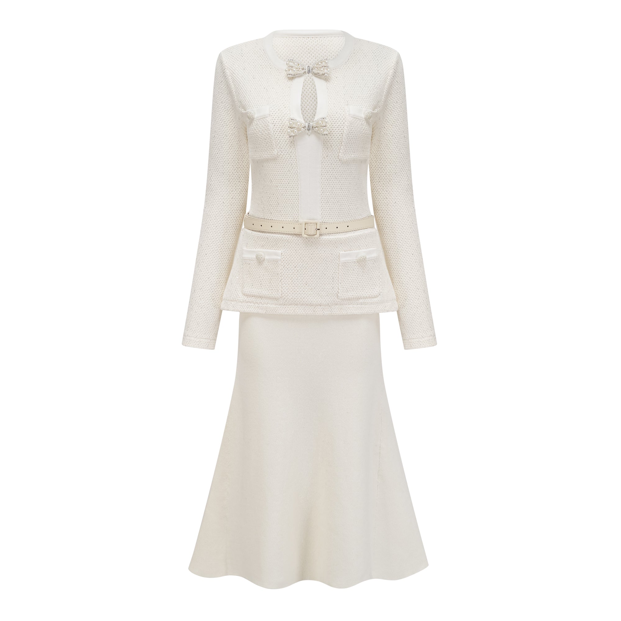 Adélade Weißes, verziertes Strick-Midikleid