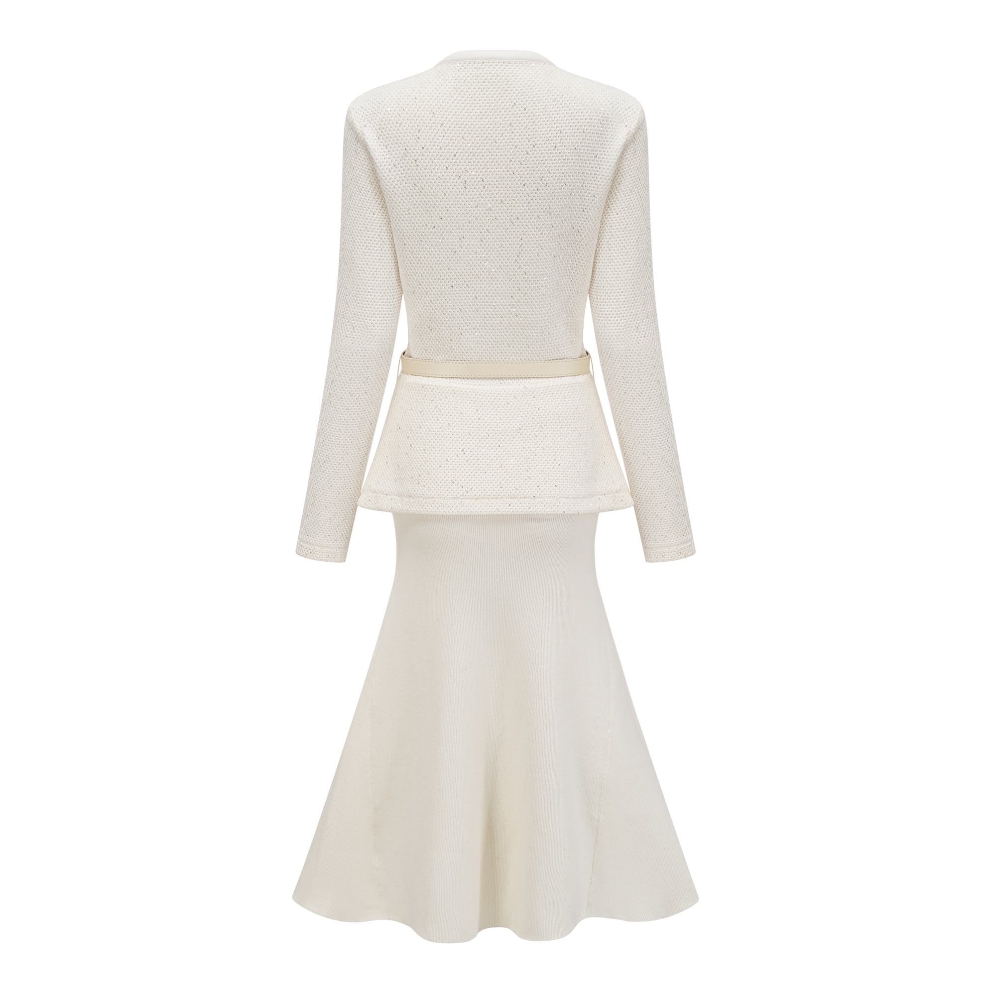 Adélade Weißes, verziertes Strick-Midikleid