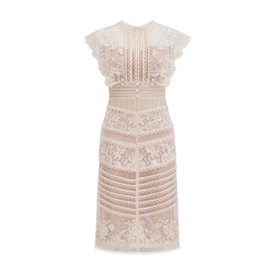 Floral Embroided Pearl Design  Decor Midi Dress