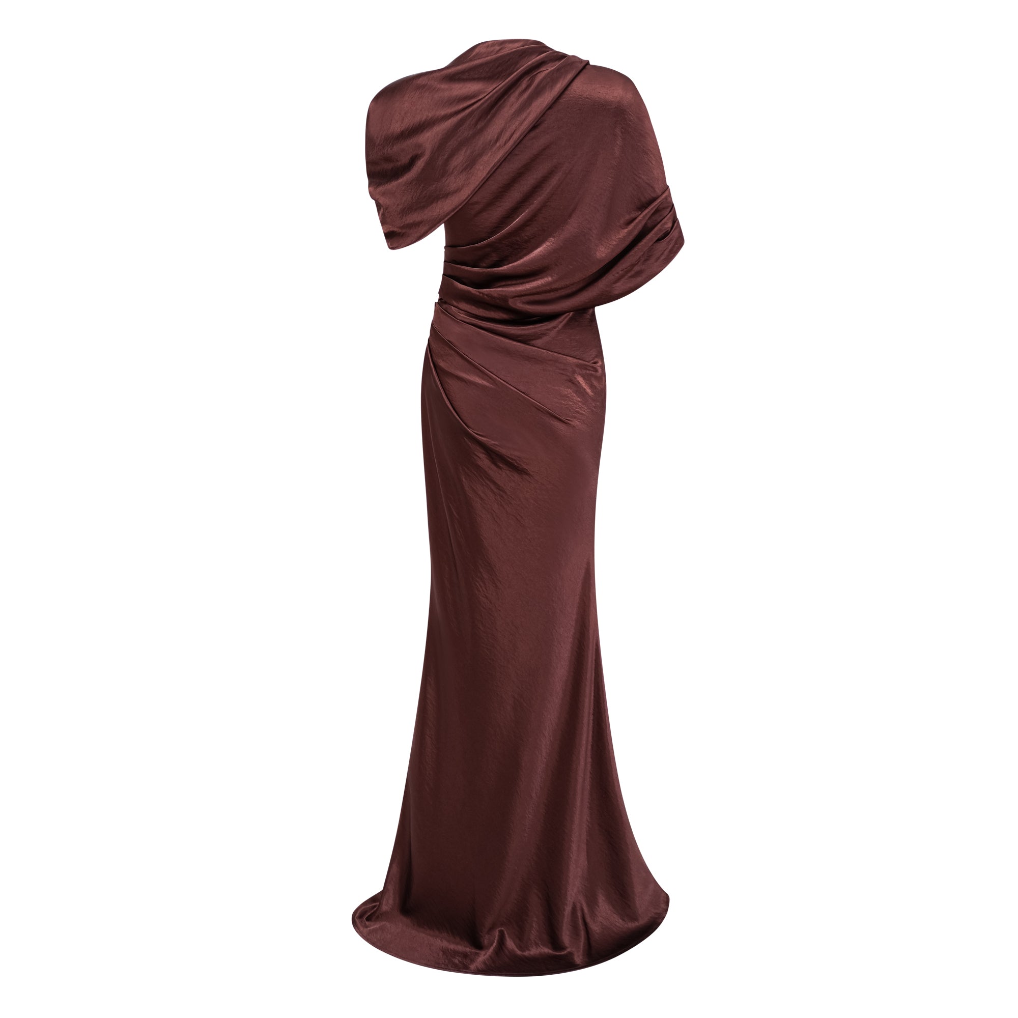 Luisa Brown Asymmetrical Gathered Satin Maxi Dress