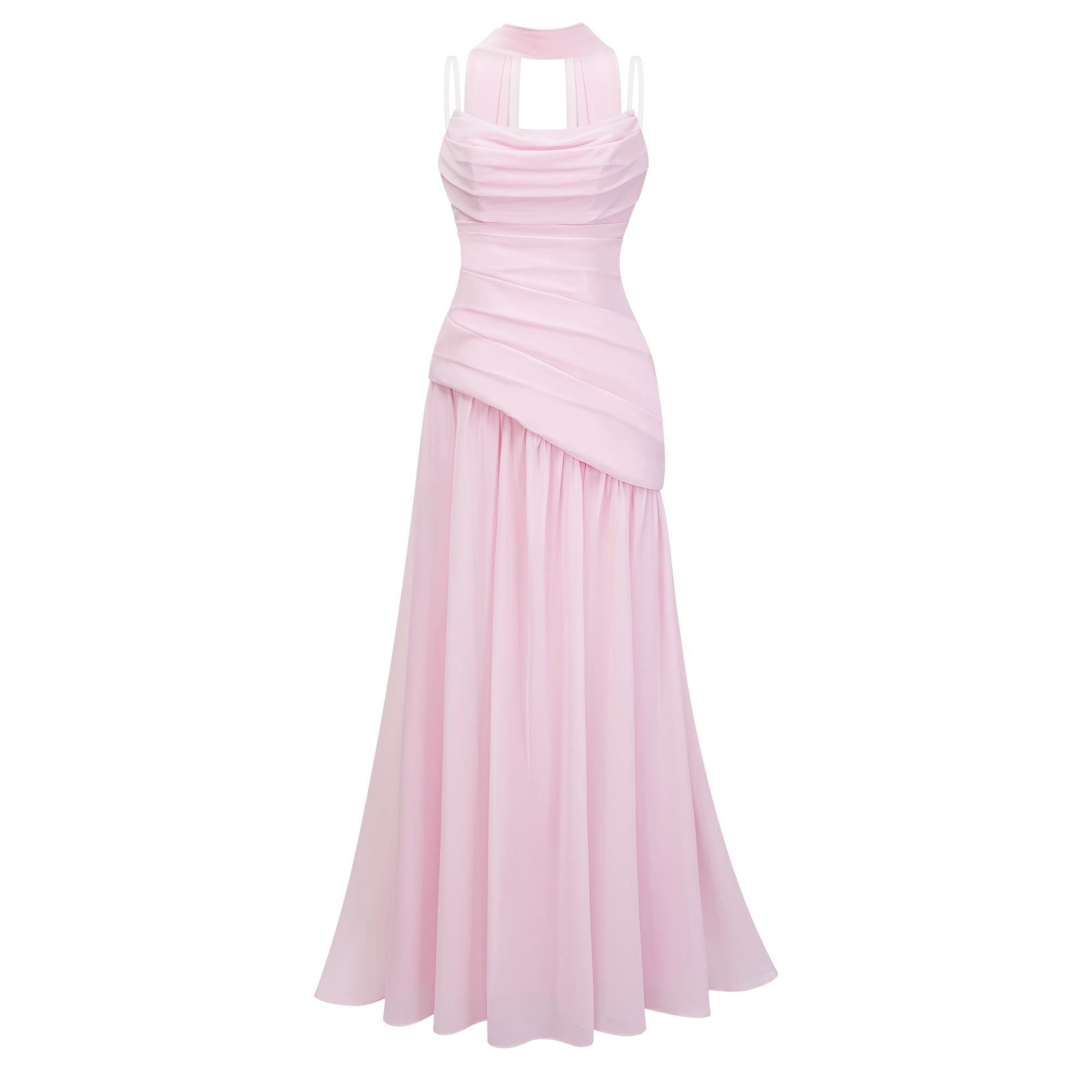 Romane Pink Strapless Corset Chiffon Maxi Dress