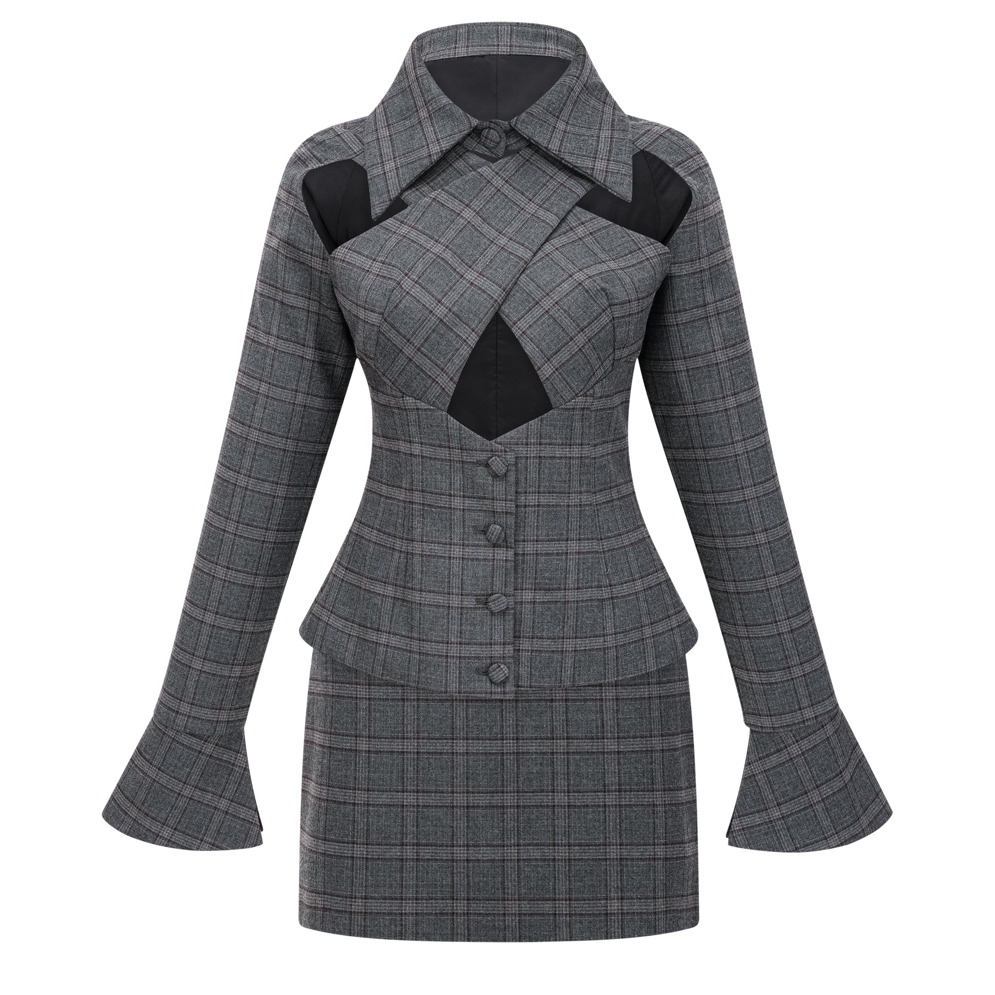 Serena Grey Cut Out Karierter Blazer & Rock Set
