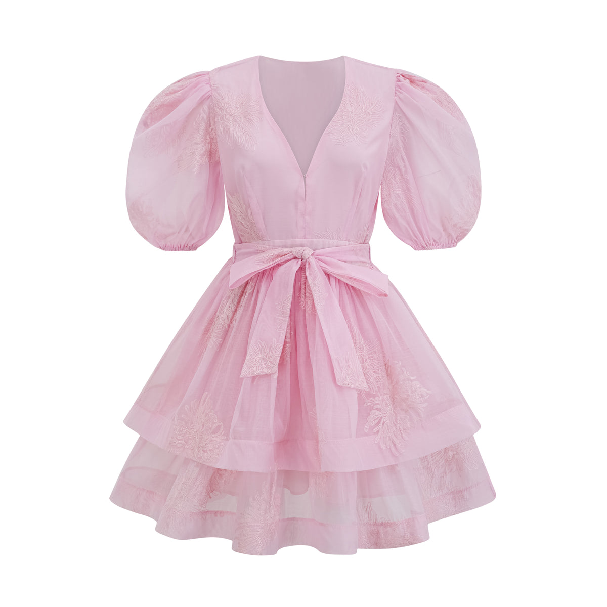 Florence Pink Floral-Embroidered Layered Mini Dress, L / Pink