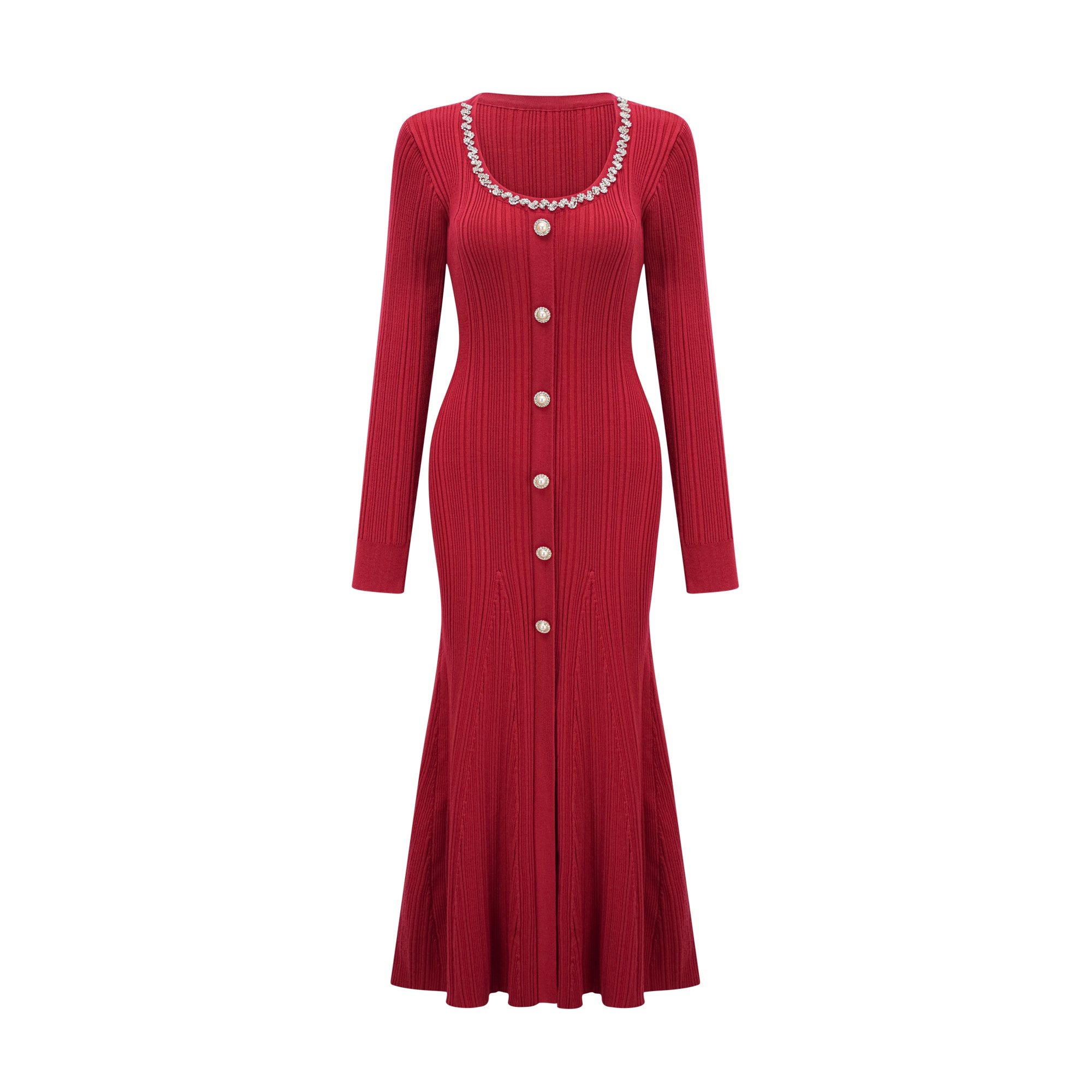 Anaxarete red embellished knitted midi dress