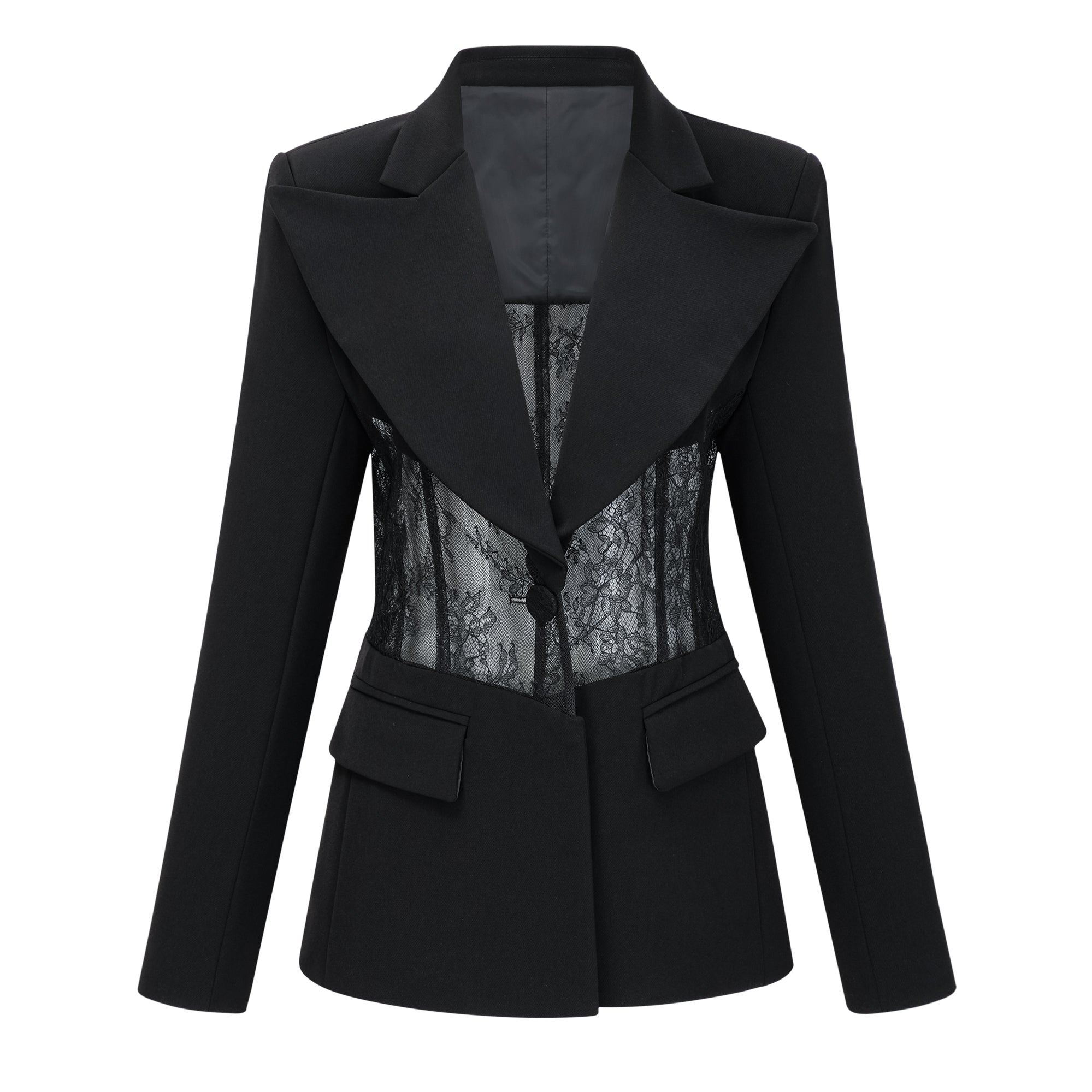 Verena Schwarzer Blazer mit floralem Spitzenbesatz