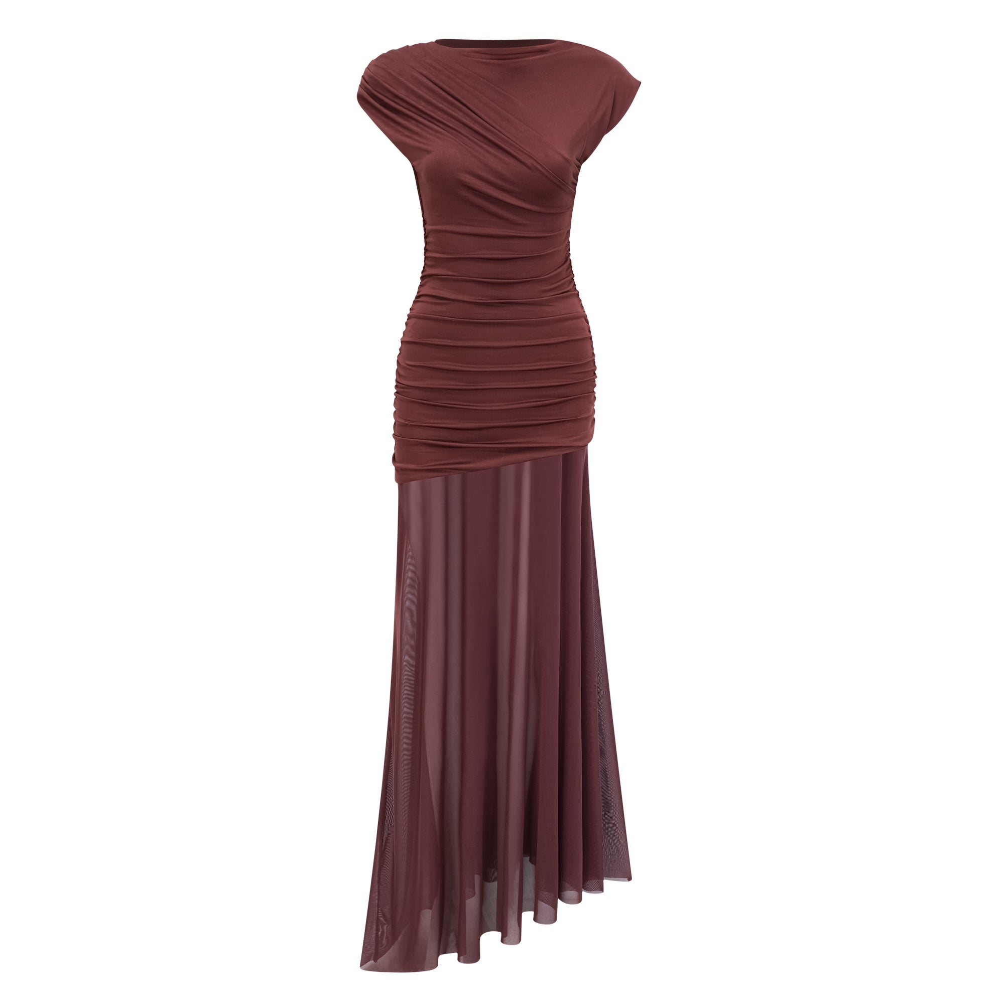 Seren Brown Maxikleid mit gerafftem Tüll-Einsatz