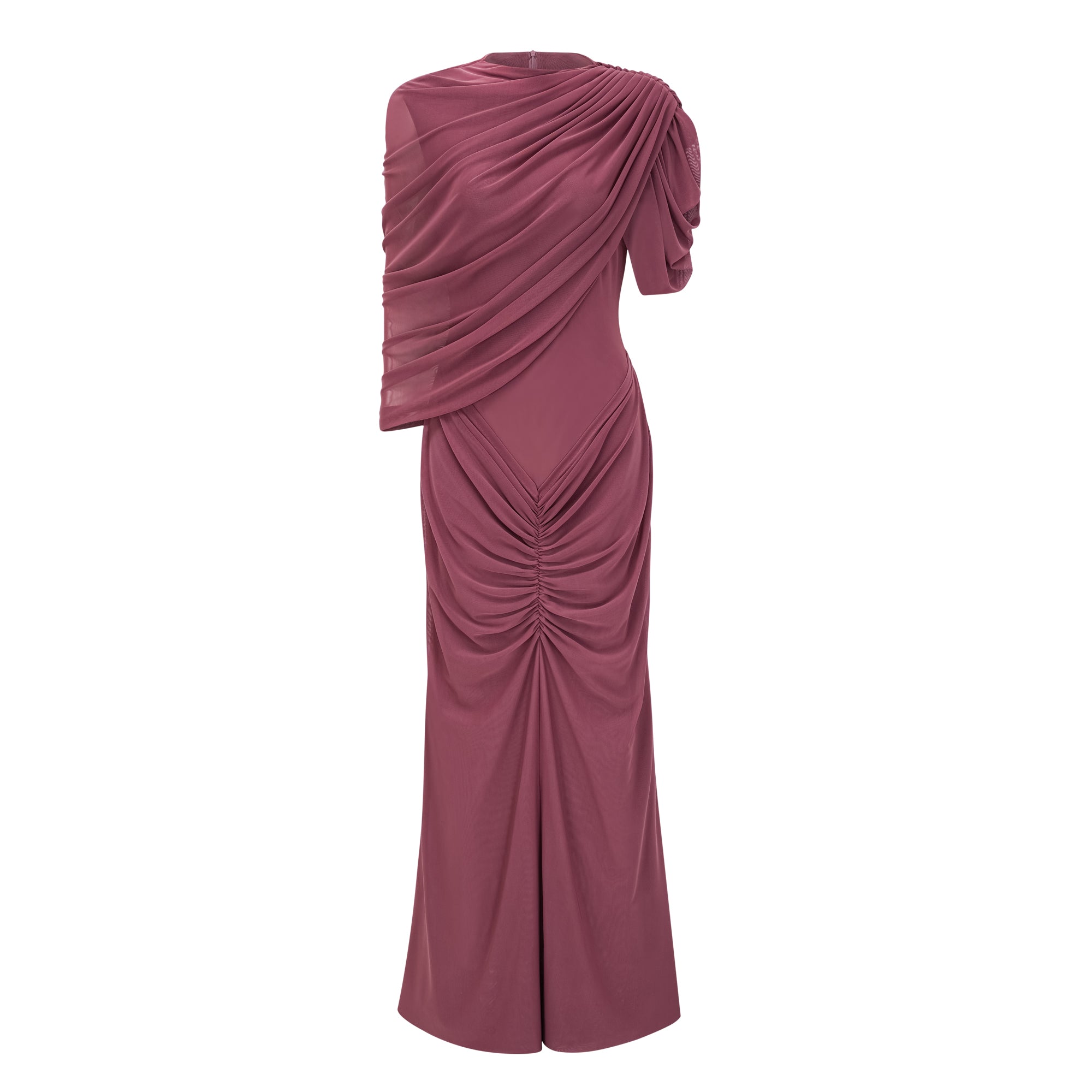 Liliana Brown Asymmetrisches Maxikleid mit gerafftem Cape