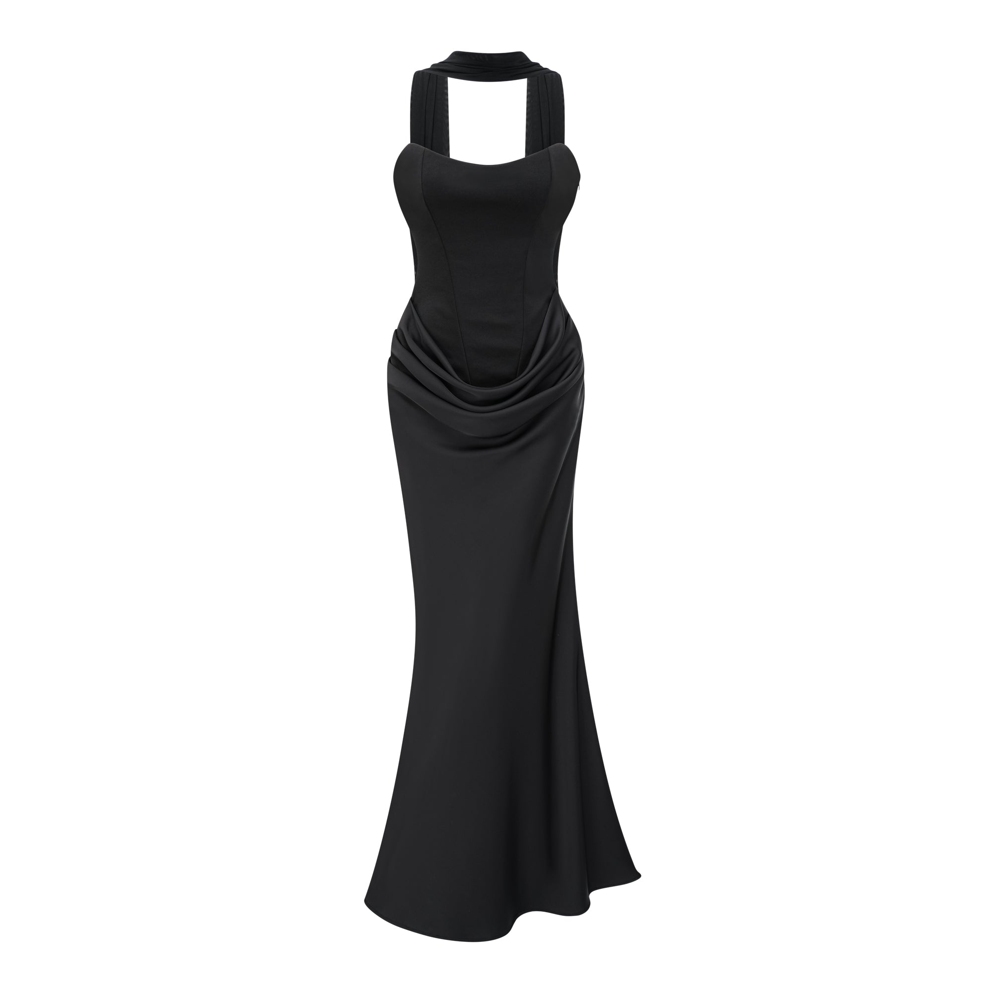 Berit Black Scarf Off Shoulder Ruched Maxi Dress