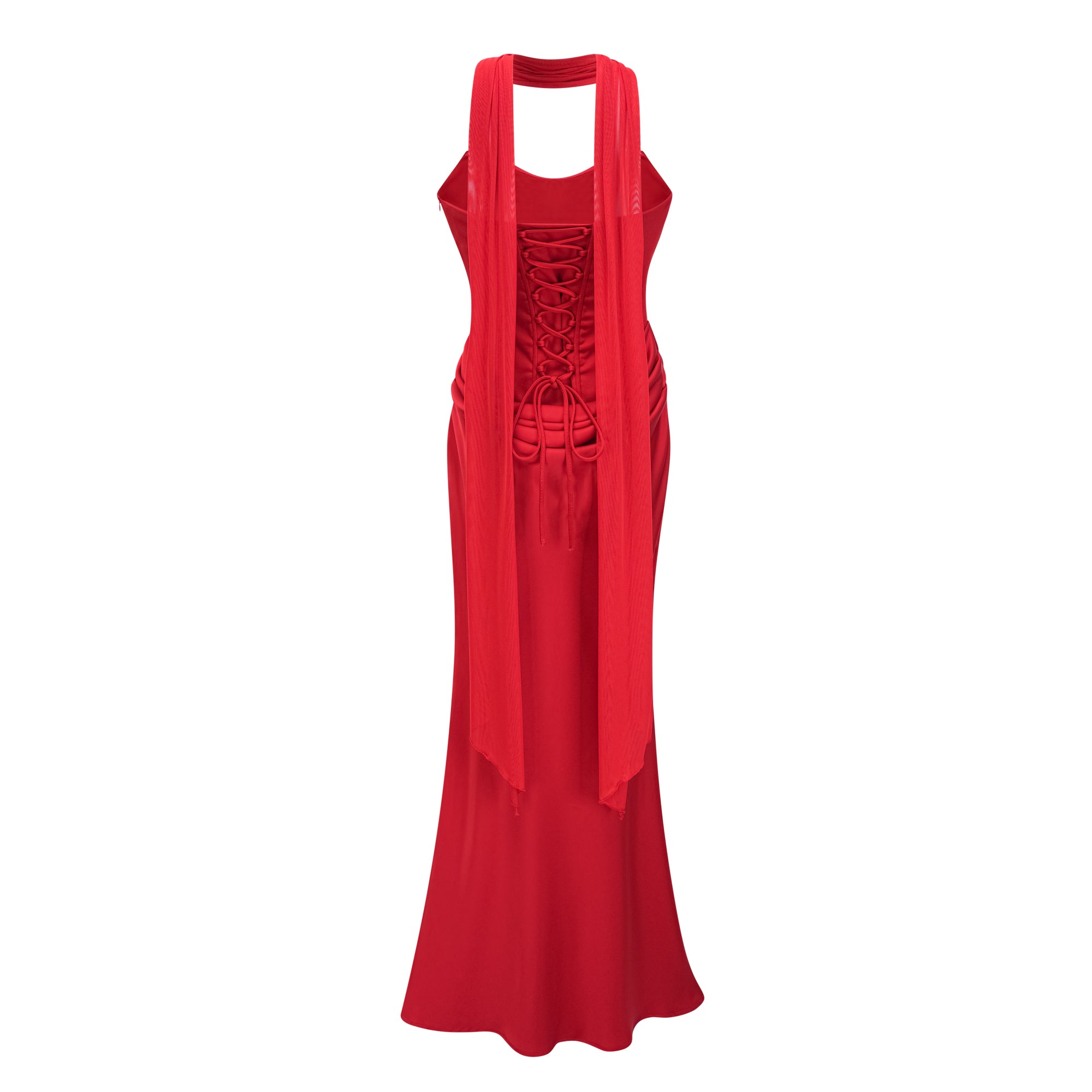 Berit Red Scarf Off Shoulder Ruched Maxi Dress