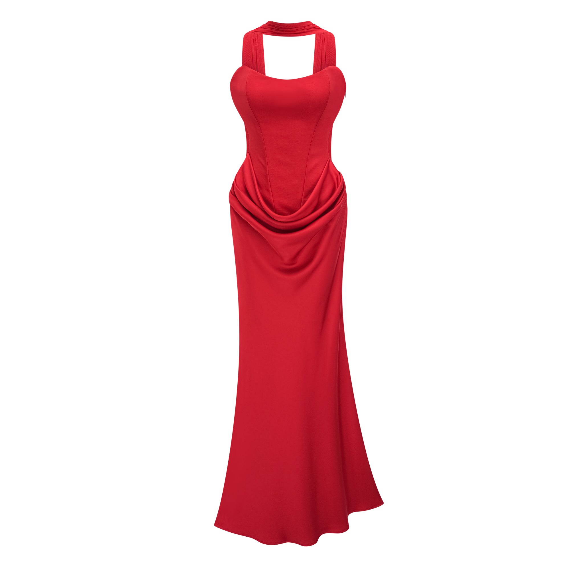 Berit Red Scarf Off Shoulder Ruched Maxi Dress