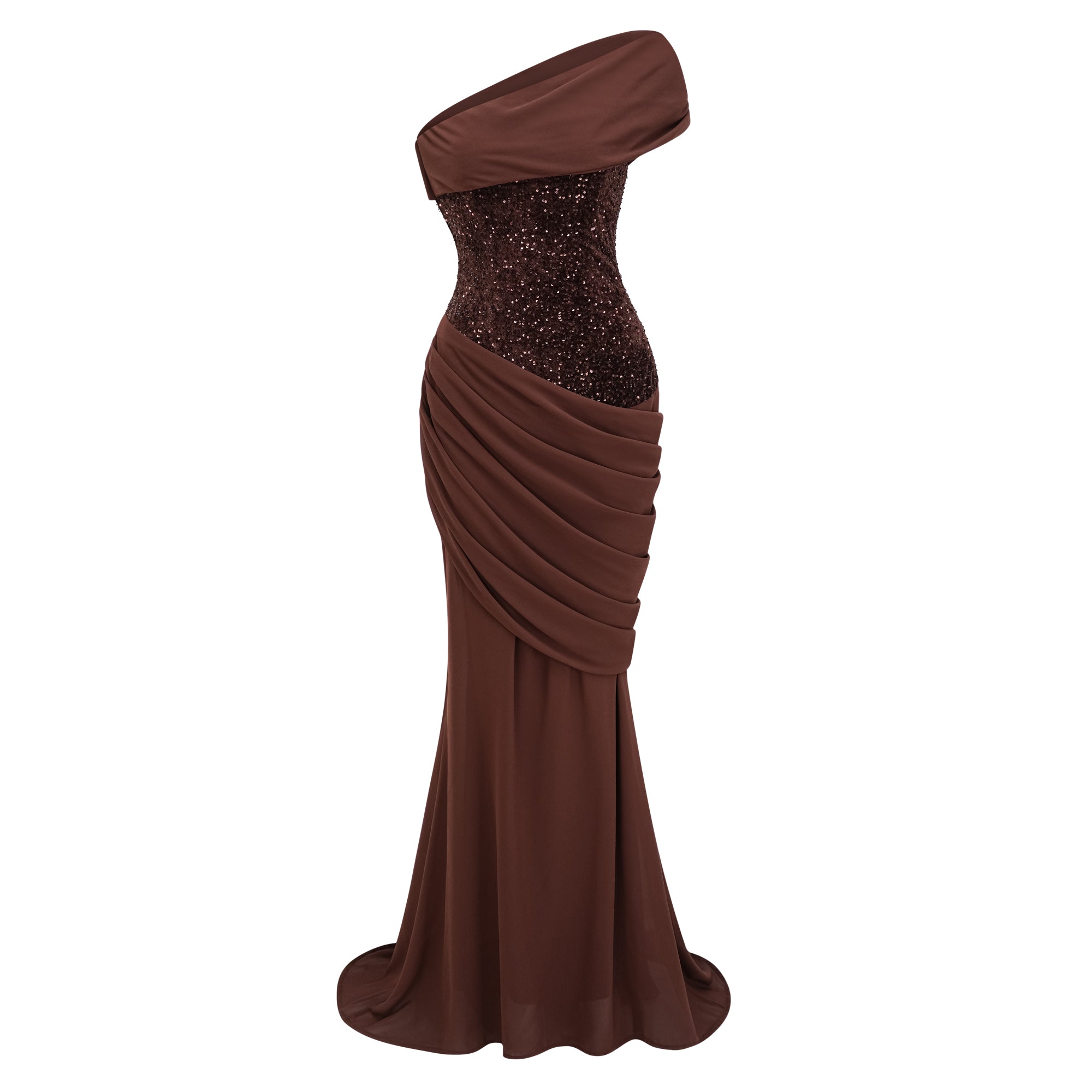 Giada Brown Sequined Asymmetrical Ruched Maxi Gown