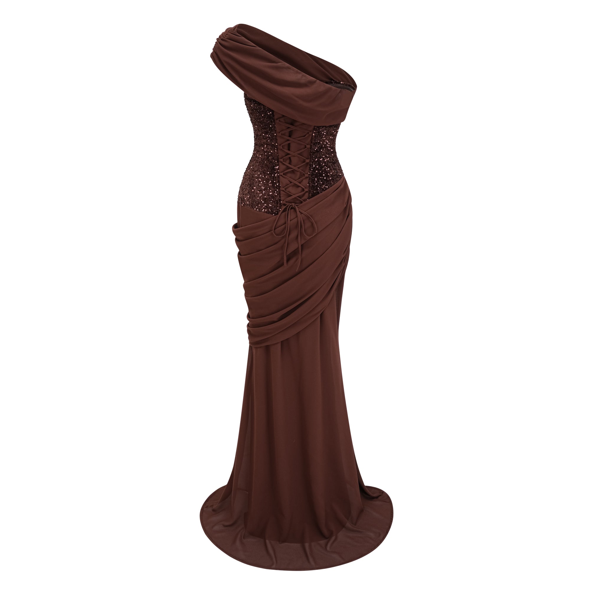 Giada Brown Sequined Asymmetrical Ruched Maxi Gown