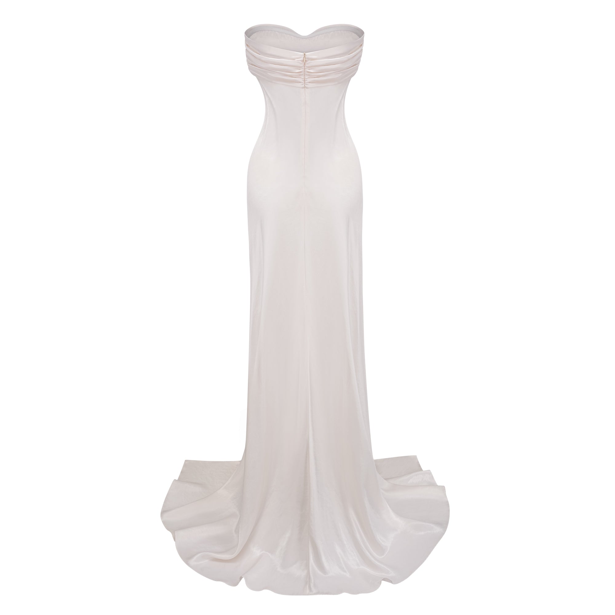 Lilla Beige Strapless Ruffled Satin Maxi Dress