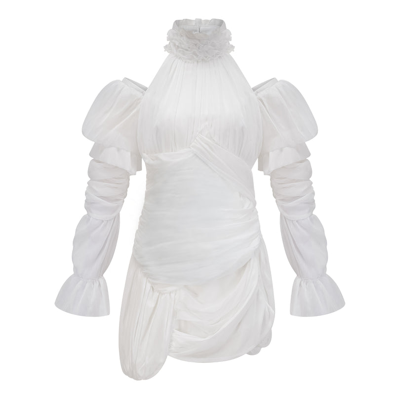 Déotille White Asymmetrical Ruched Mini Dress