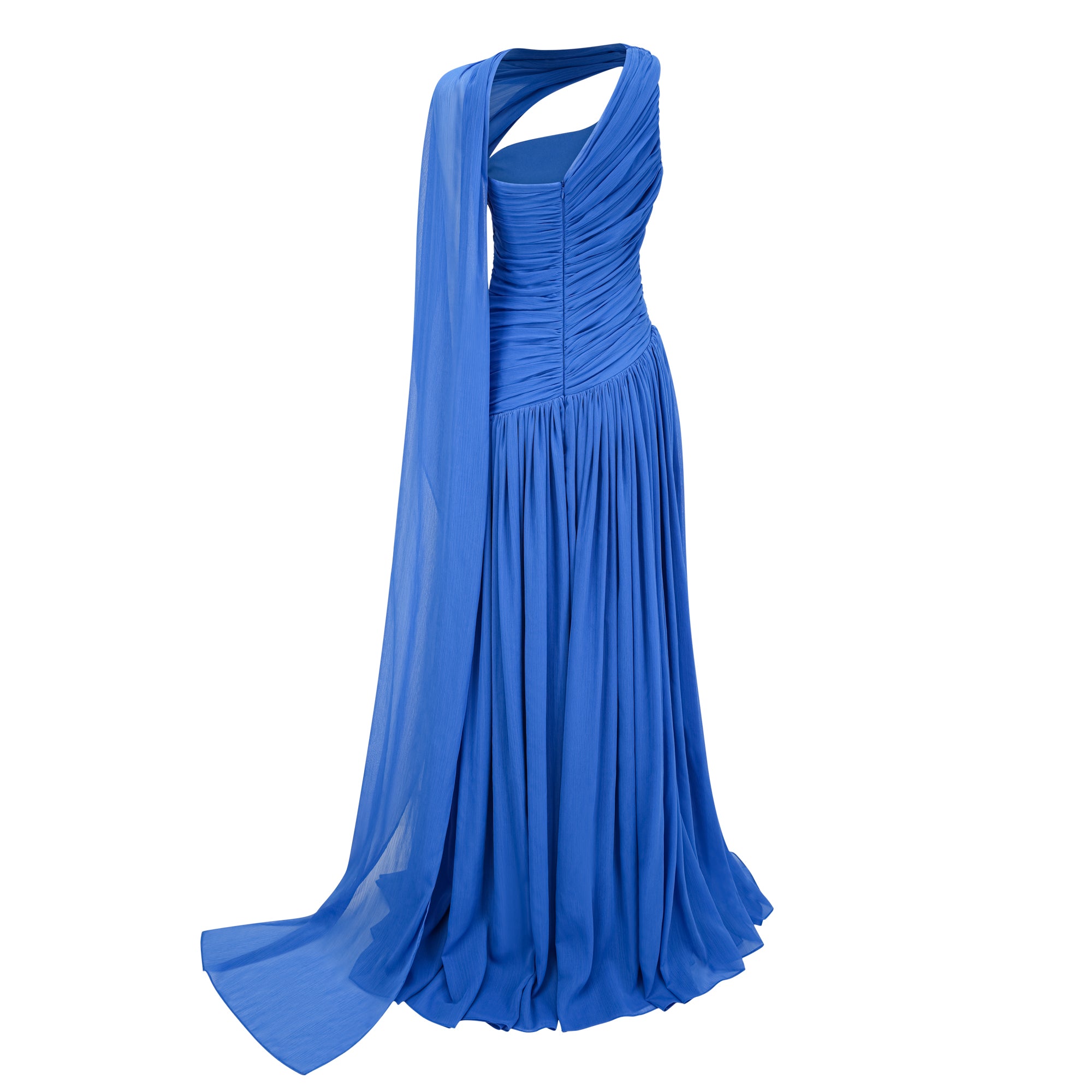 Faustine Blue Cape Design Ruched Maxi Dress
