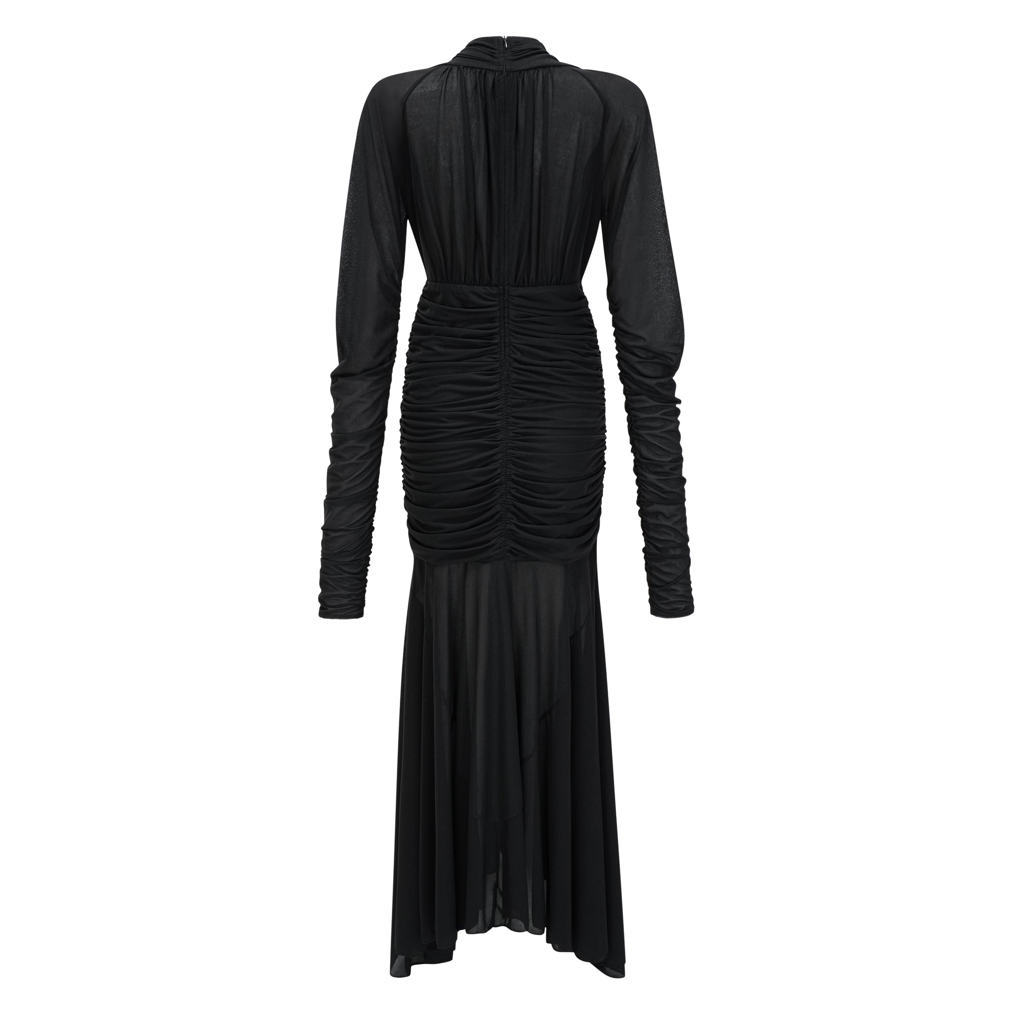 Greta Black Ruched Sheer Mesh Maxi Dress