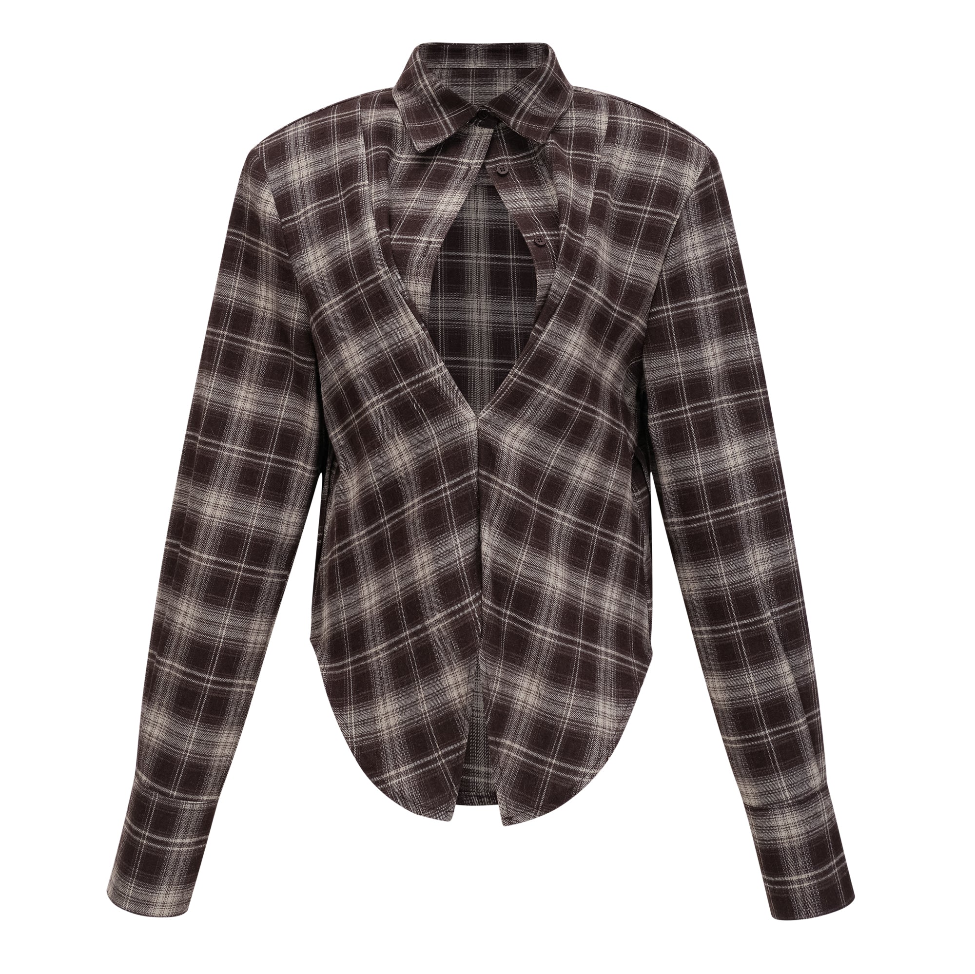 Amber Brown Plaid Tailored Cutout Blouse