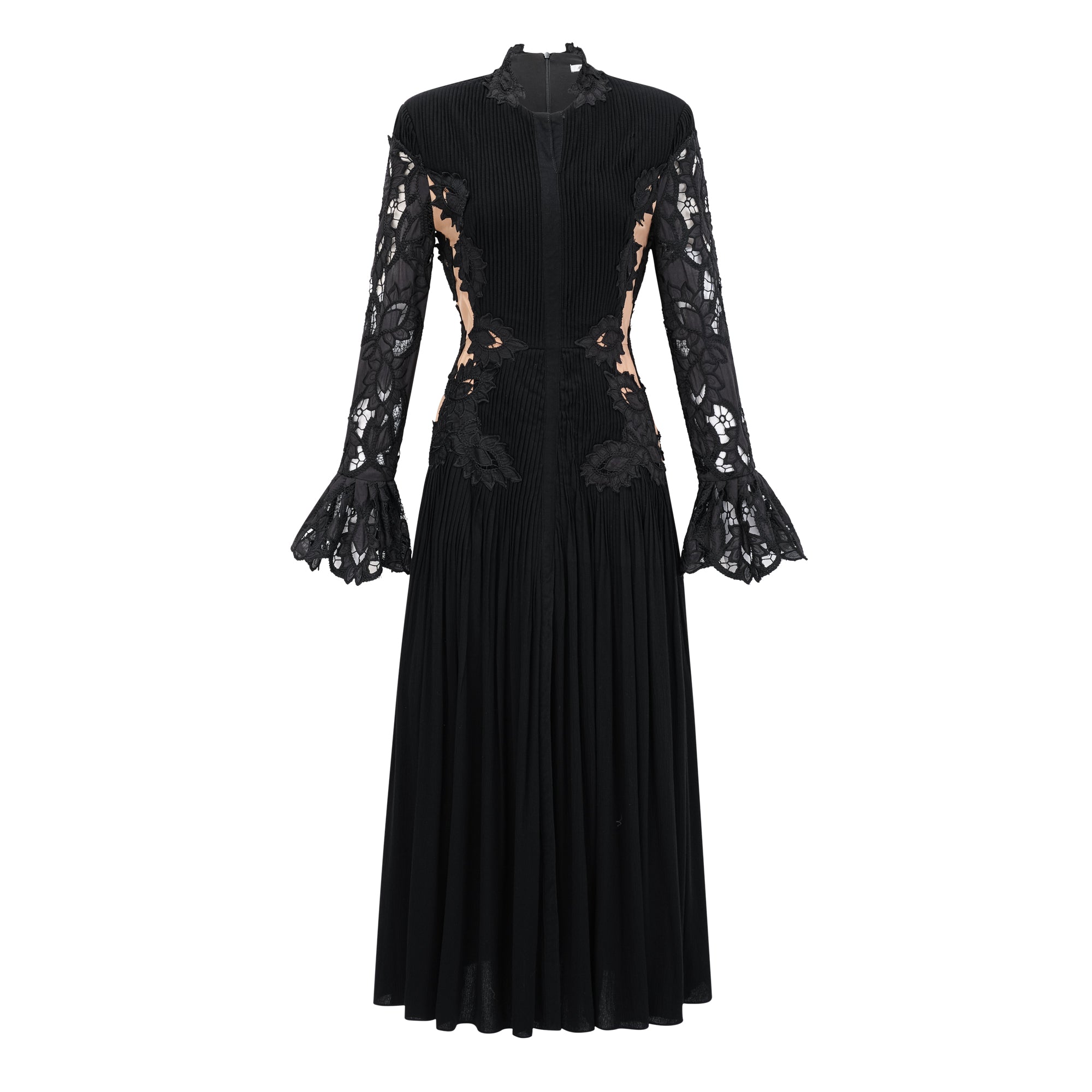 Chiara Black Lace Panel Pleated Midi Dress