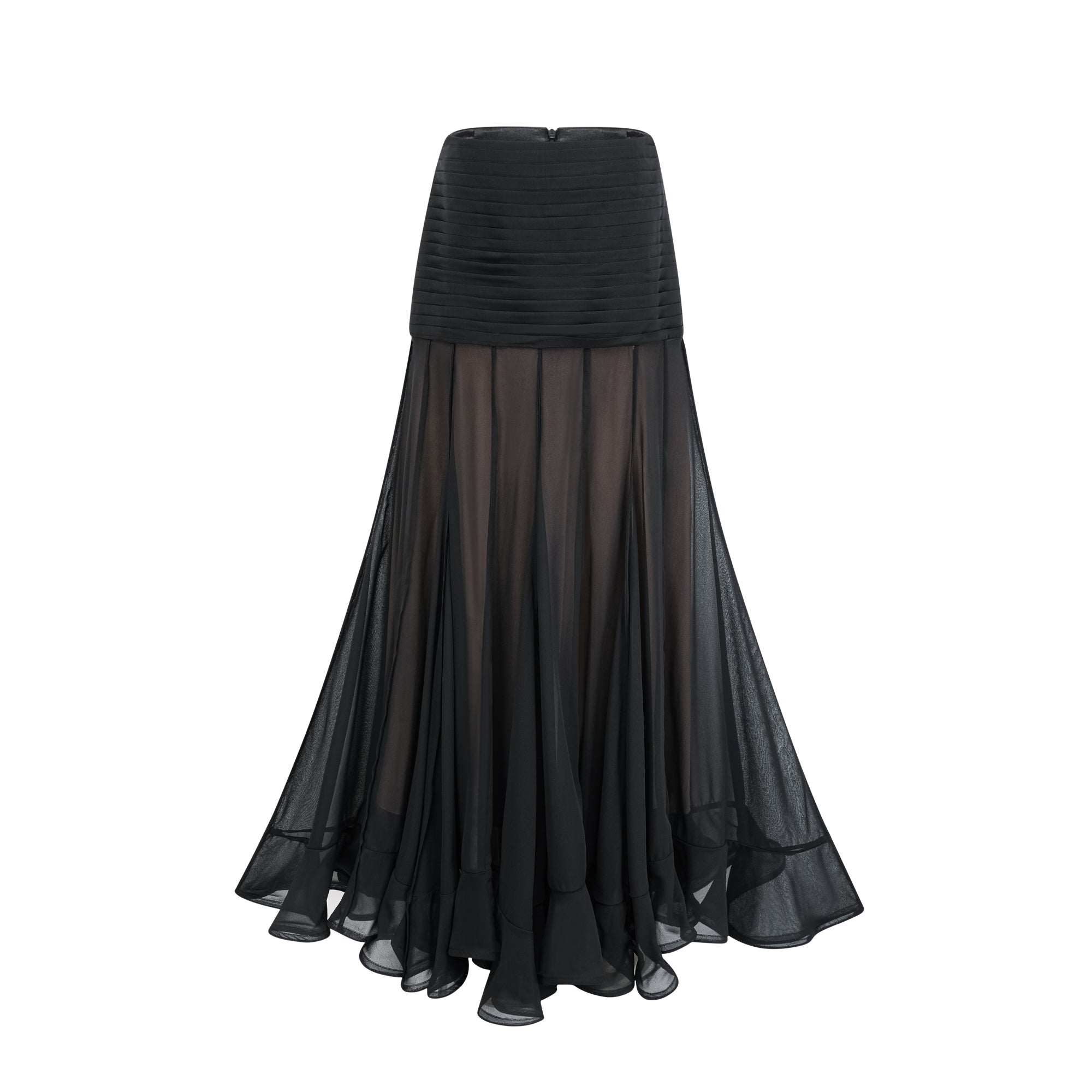 Jacqueline rayon black ruffle pleated tulle maxi skirt