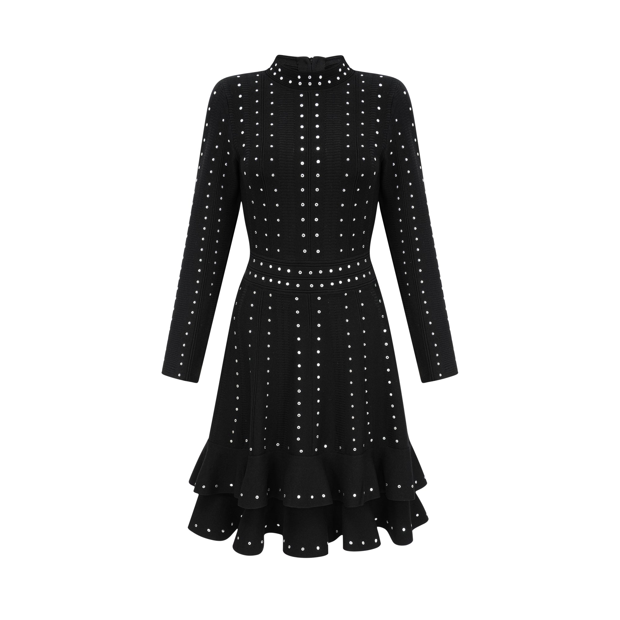 Fabienne black embellished ruffled knitted mini dress