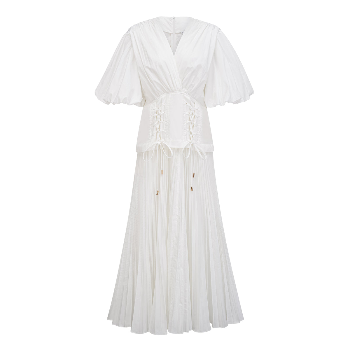 Vienne White Lace-Up Pleated Maxi Dress