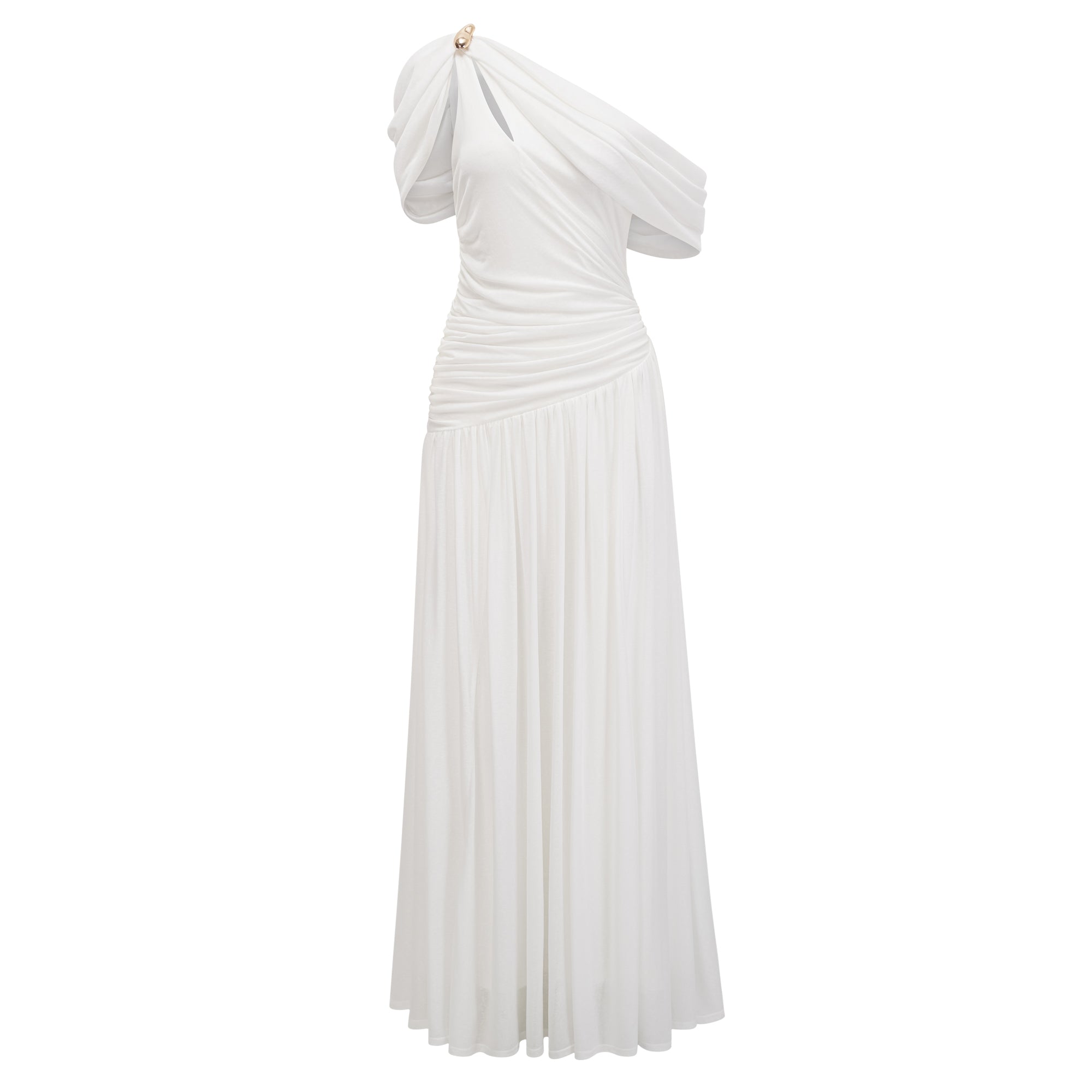 Sigrun White Asymmetrical Gathered Maxi Dress