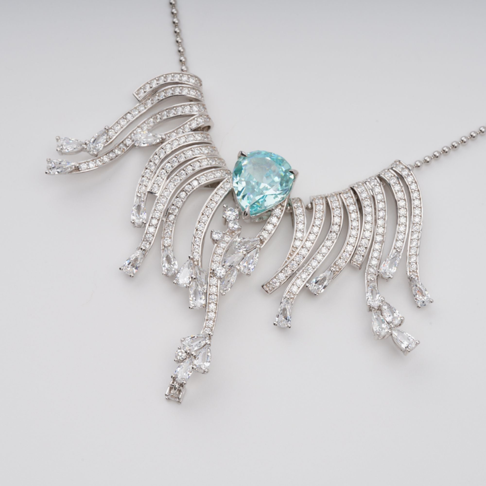 Beata Aquamarine Pear Cut Gemstone Asymmetrical Pendant Sterling Silver Necklace