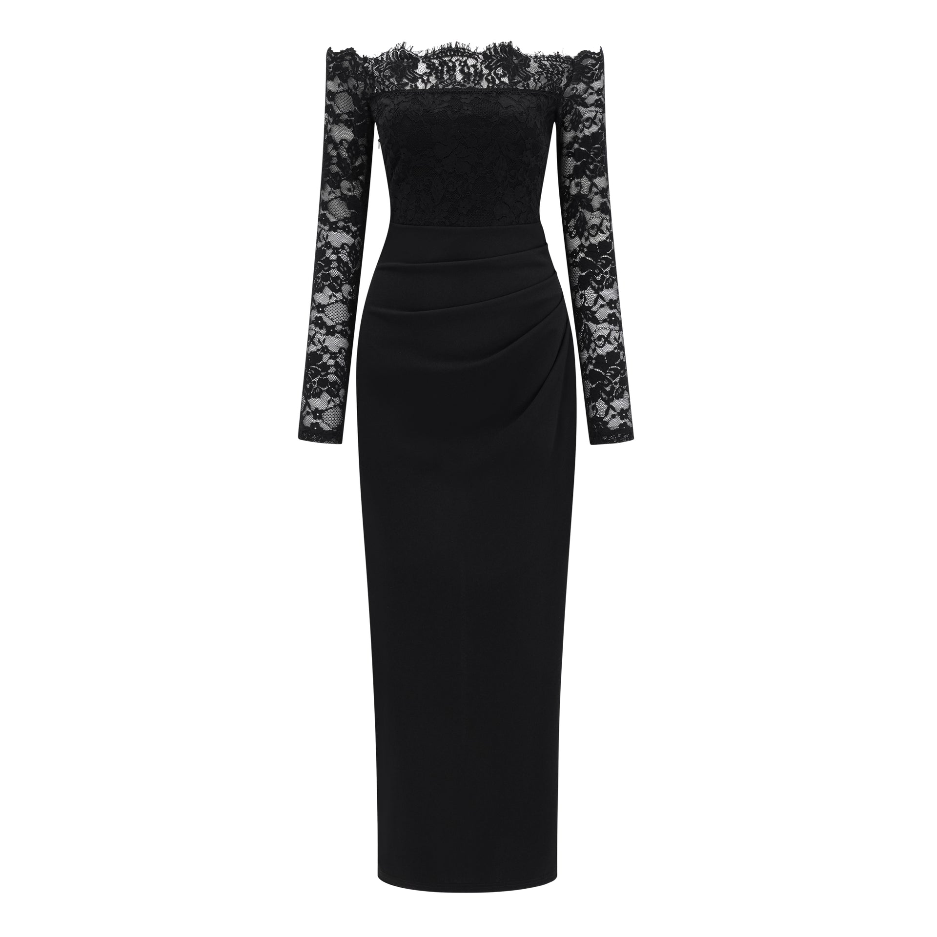 Nephele Black Off Shoulder Floral Lace Maxi Dress
