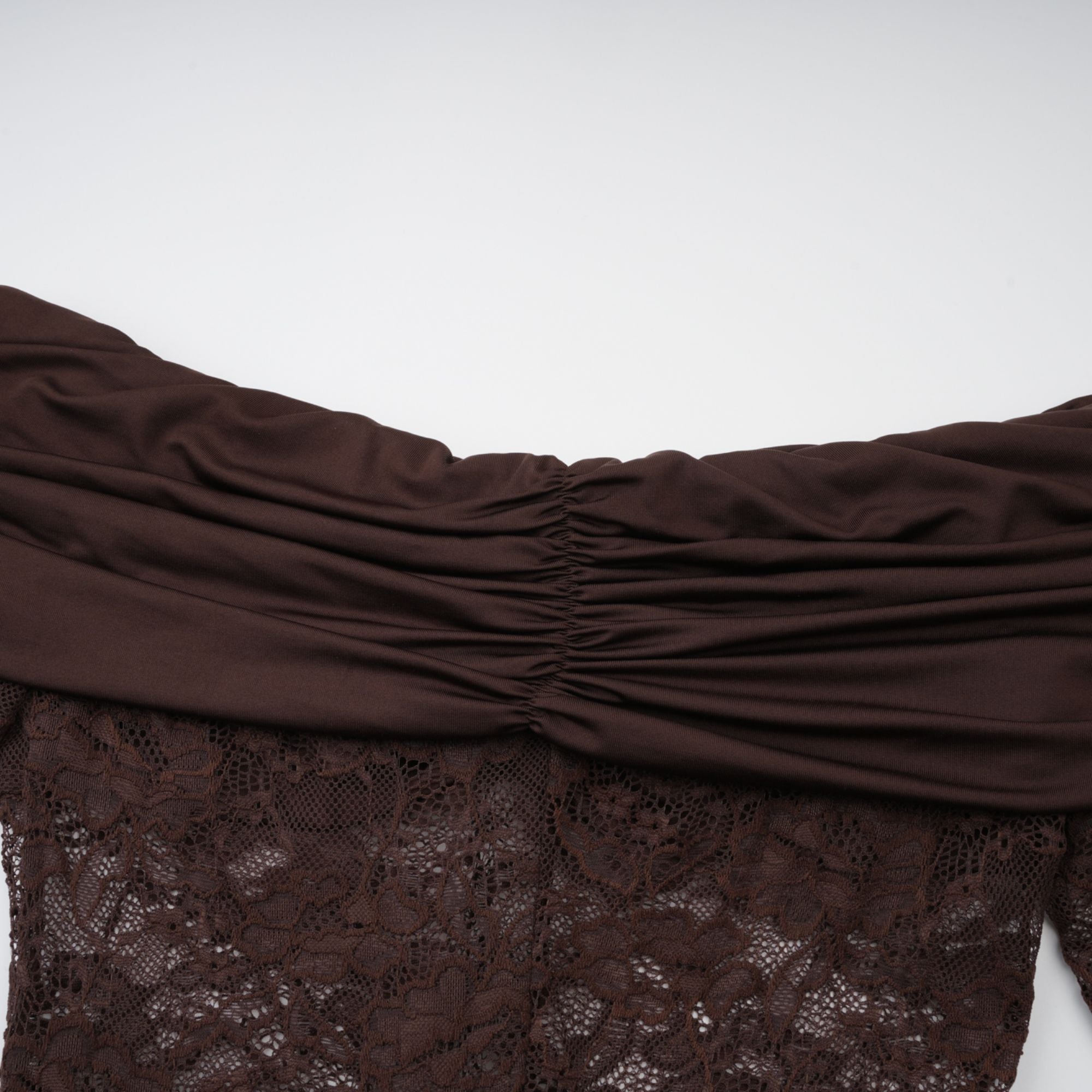 Brigitte Brown Lace Panel Ruched Maxi Dress