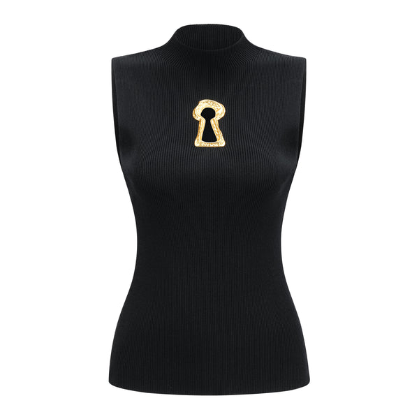 Ysandre Black Ribbed Knit Keyhole Tank Top