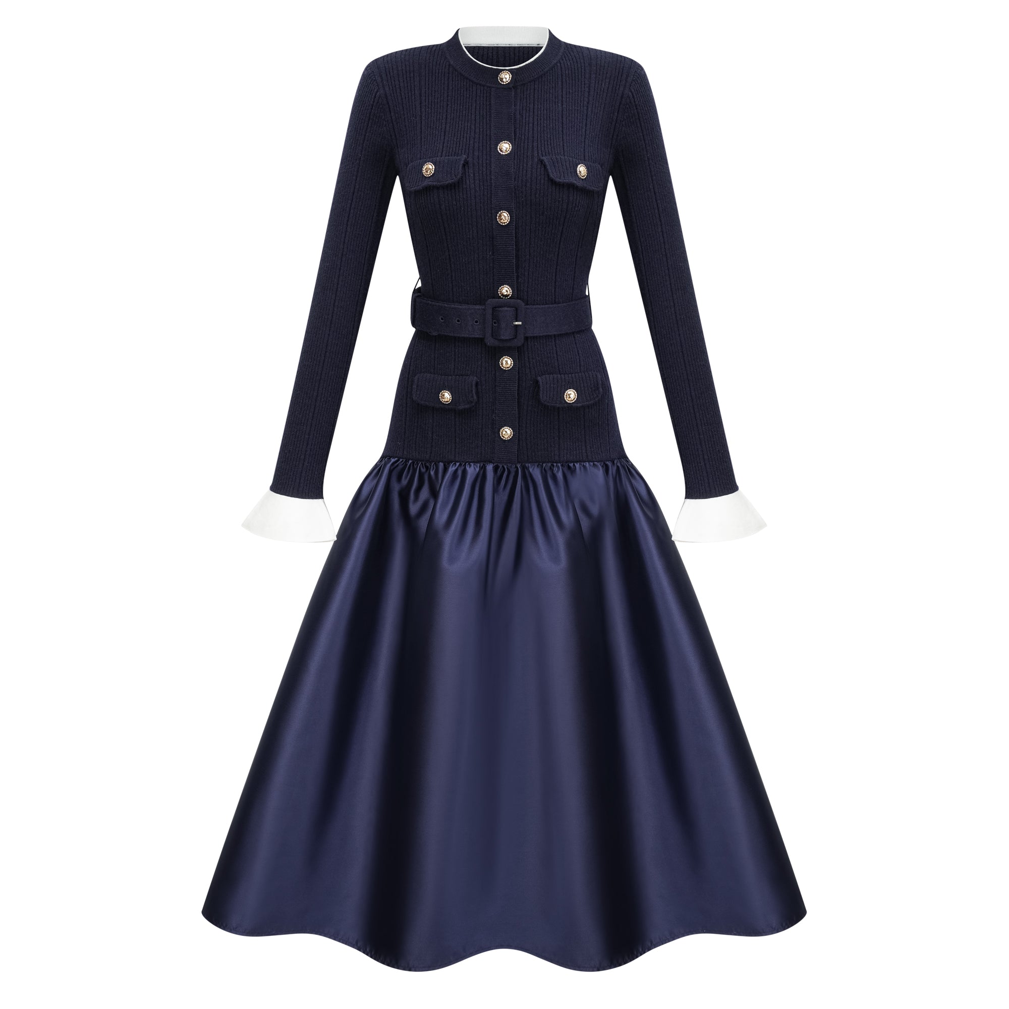 Fern Navy Blue Satin Panel Knit Midi Dress