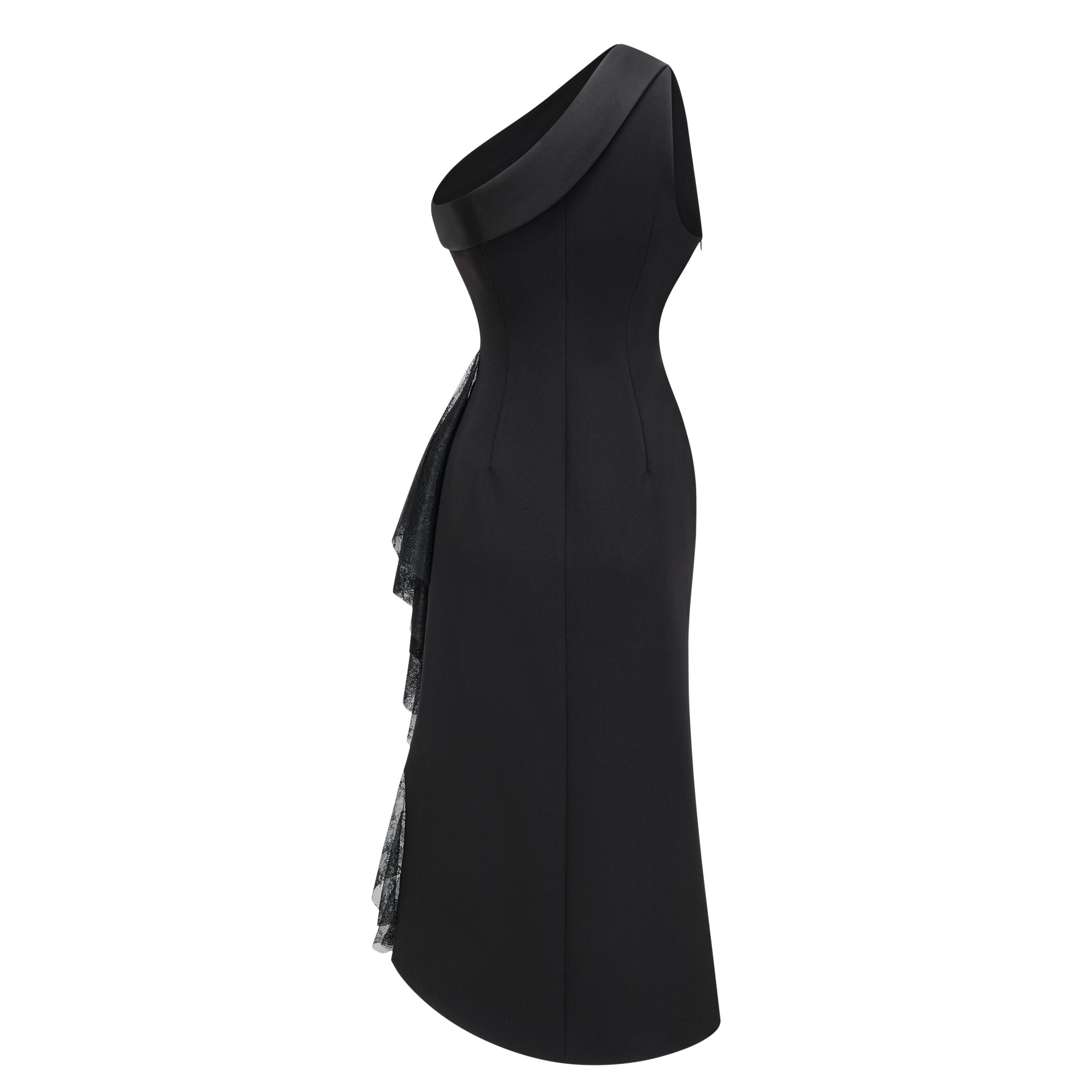 Bernadette black lace-panell asymmetrical midi dress