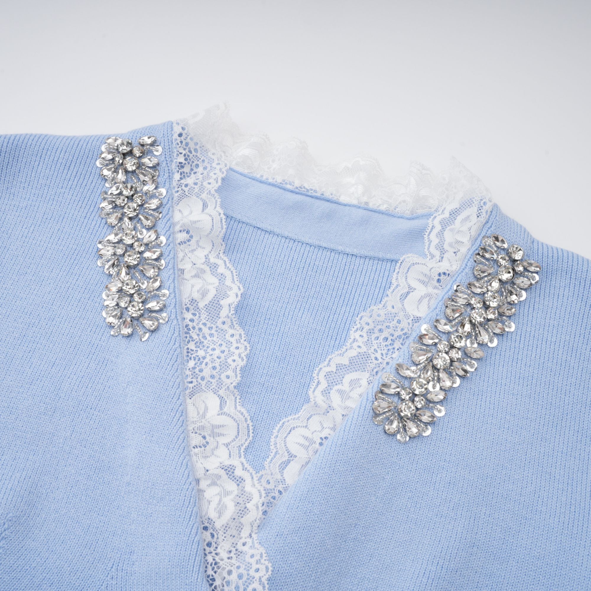 Irina Blue Embellished Ruffled Ribbed Knit Cardigan