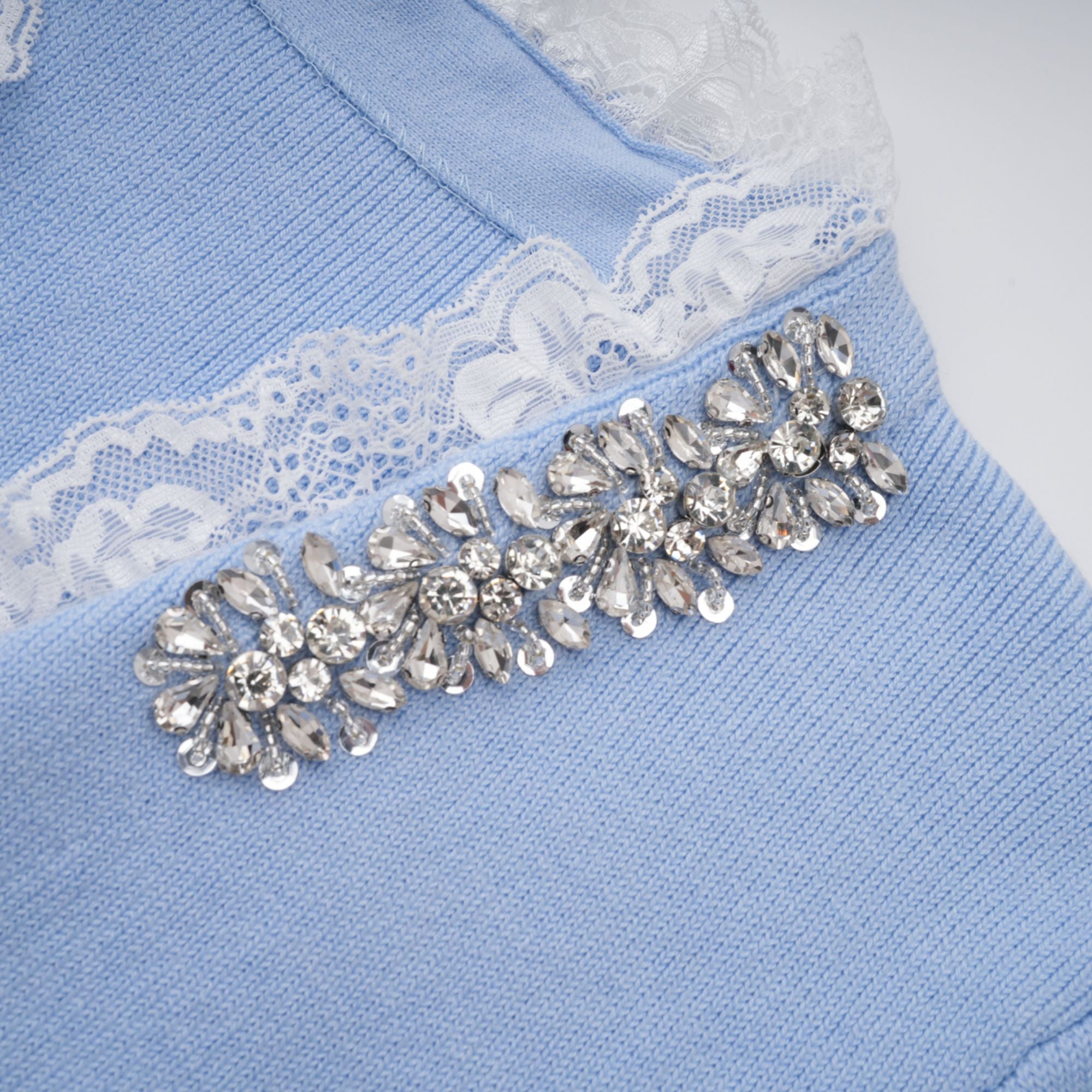 Irina Blue Embellished Ruffled Ribbed Knit Cardigan