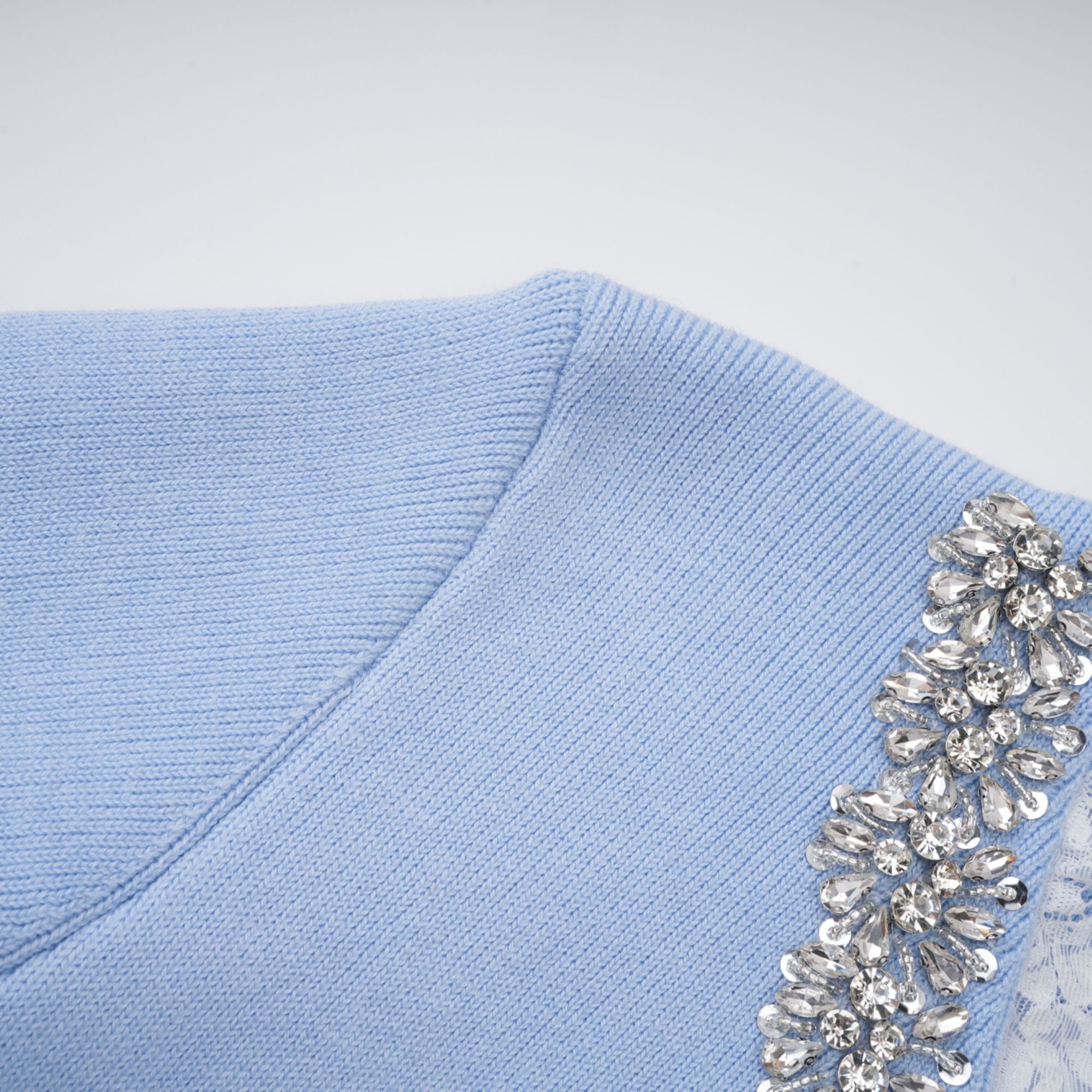 Irina Blue Embellished Ruffled Ribbed Knit Cardigan