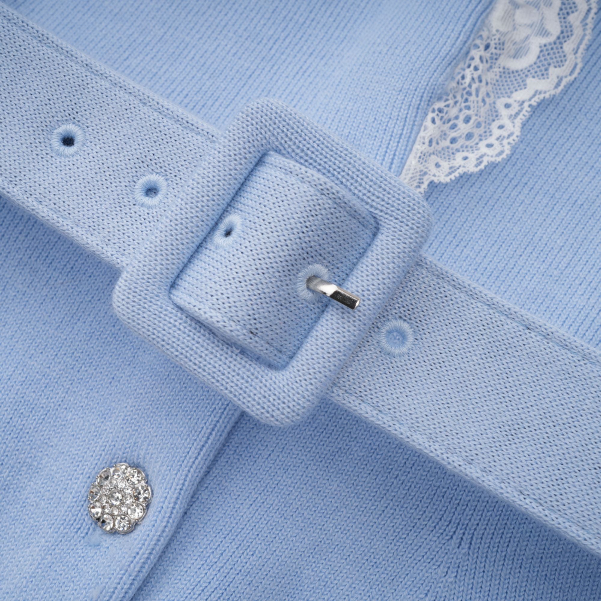 Irina Blue Embellished Ruffled Ribbed Knit Cardigan