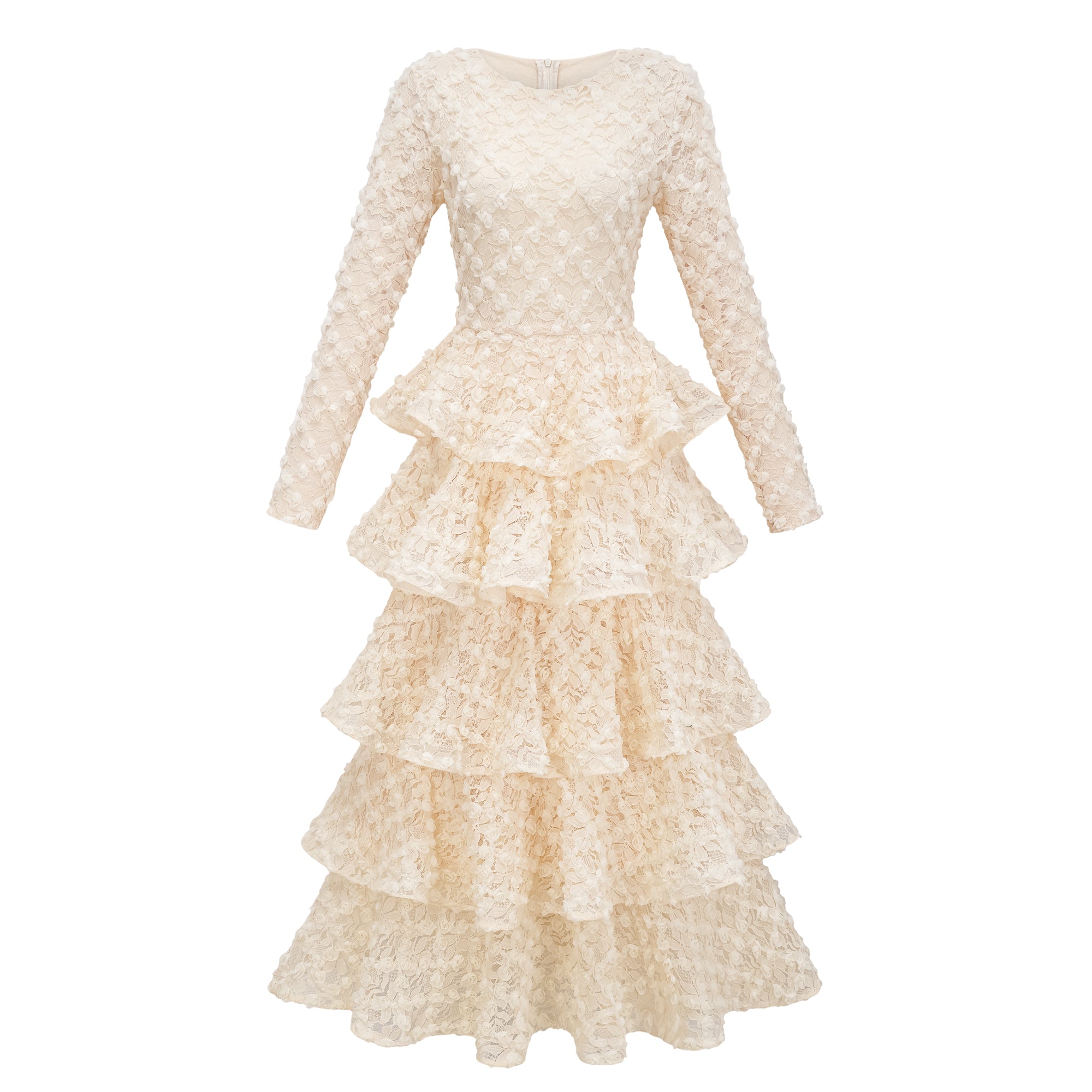 فستان ماكسي هالّا متعدد الطبقات من الدانتيل المزهر بلون محايد