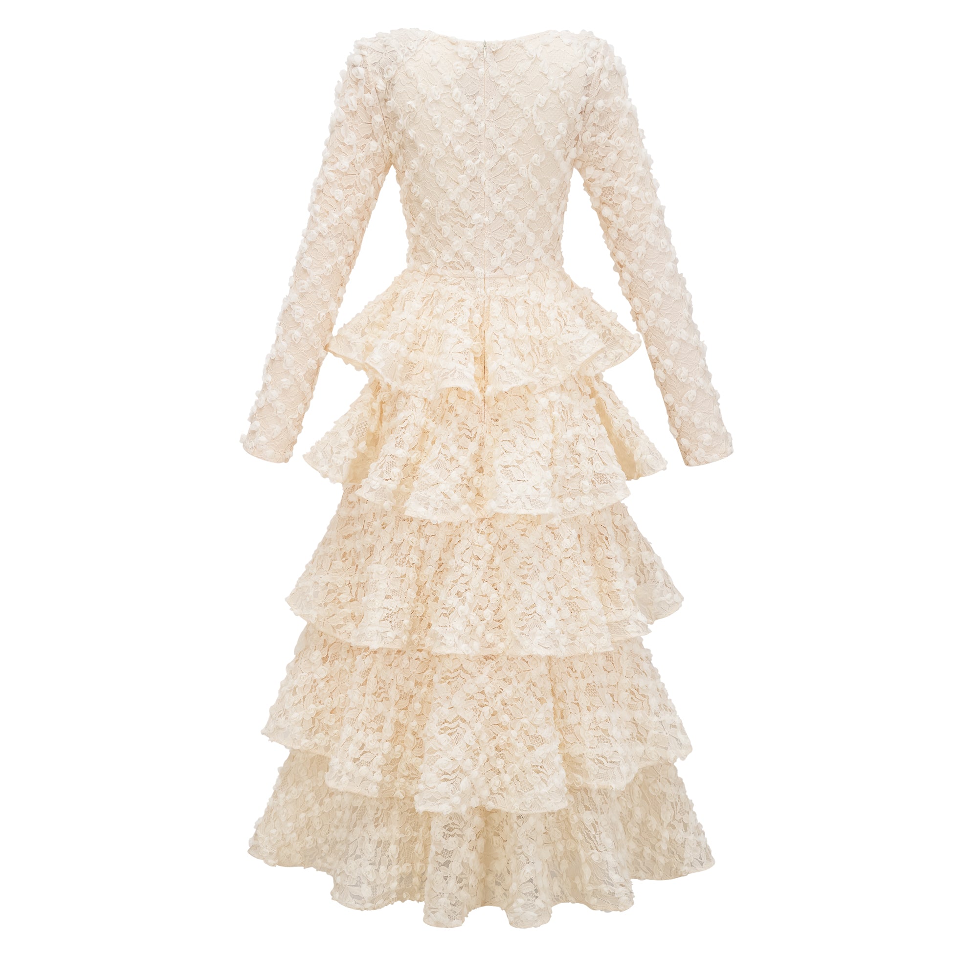 فستان ماكسي هالّا متعدد الطبقات من الدانتيل المزهر بلون محايد