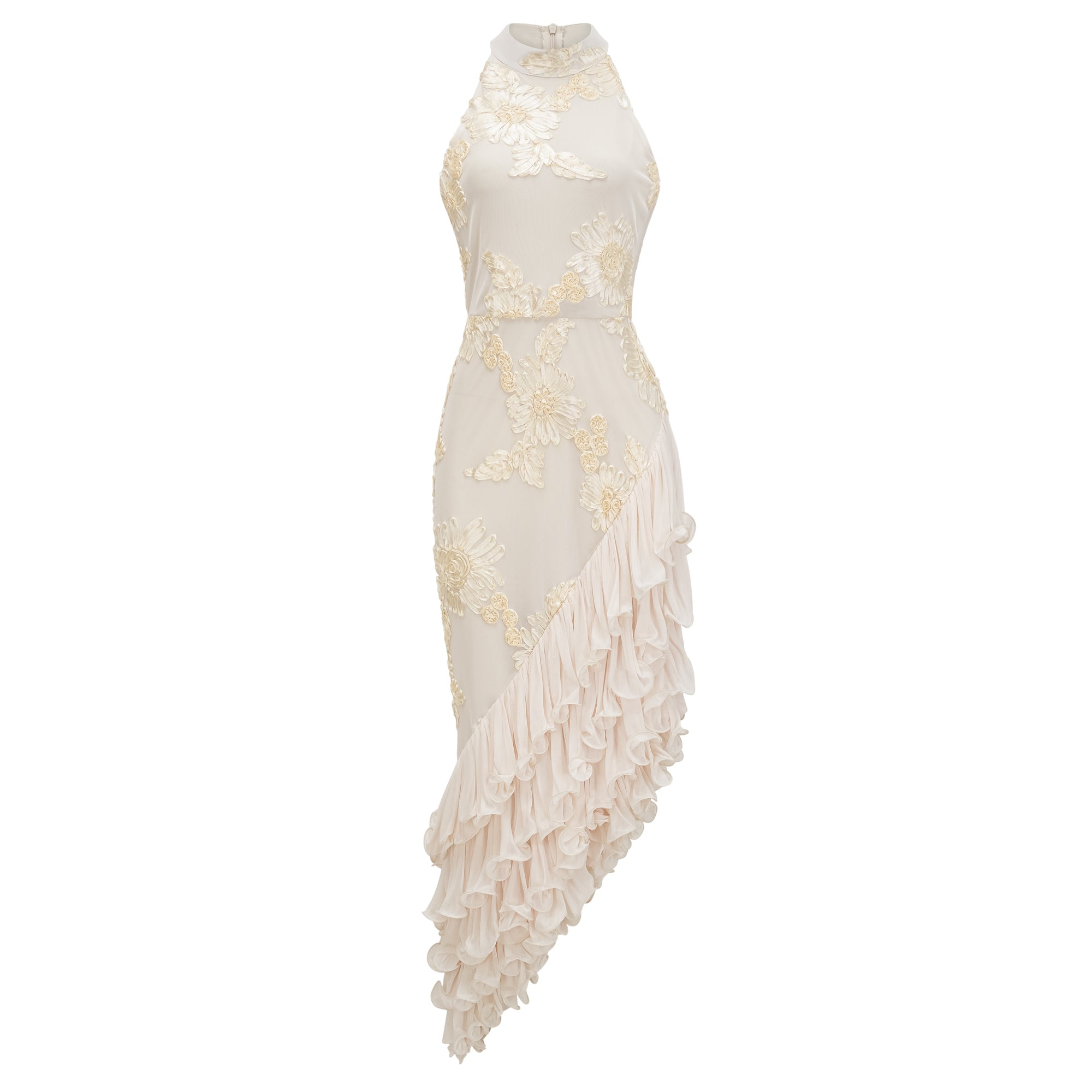 فستان تيويلين محايد غير متماثل بتصميم زهور ومكشكش متوسط الطول