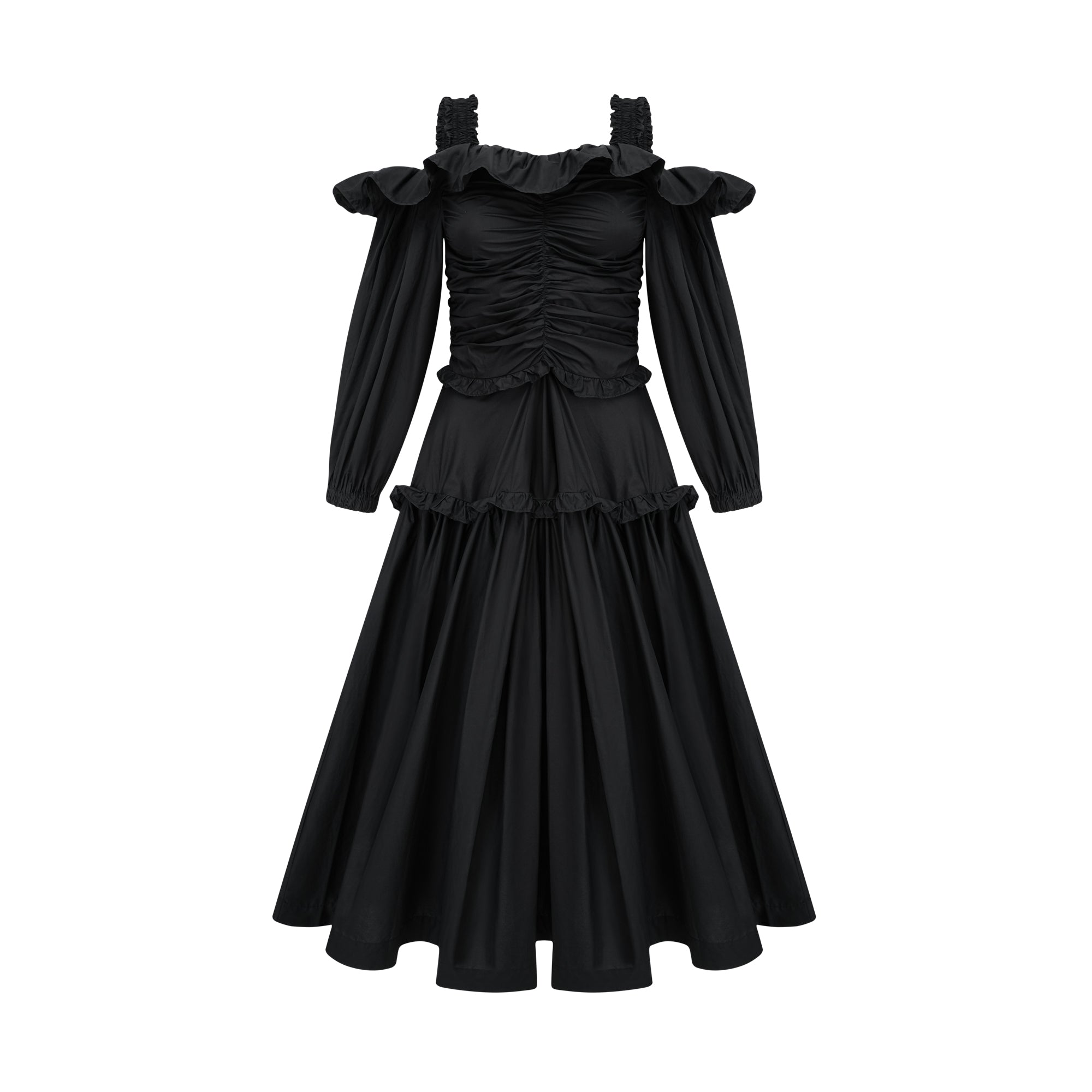 Renée black pleated ruffled midi dress