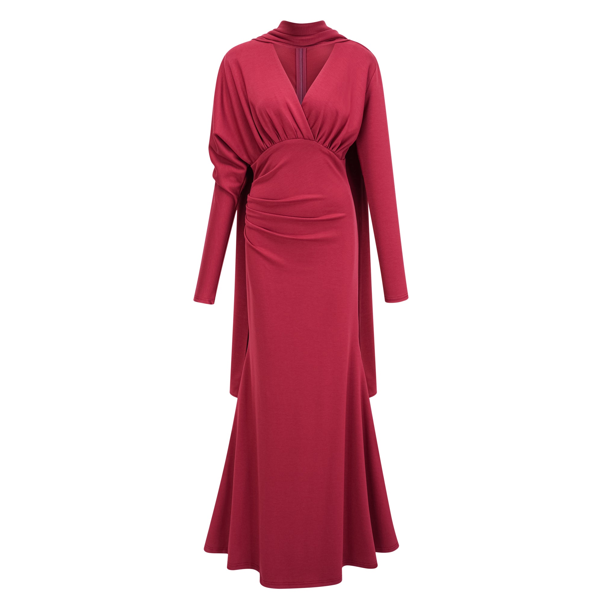 Margot Rotes Schal-Design Maxikleid mit Rüschen