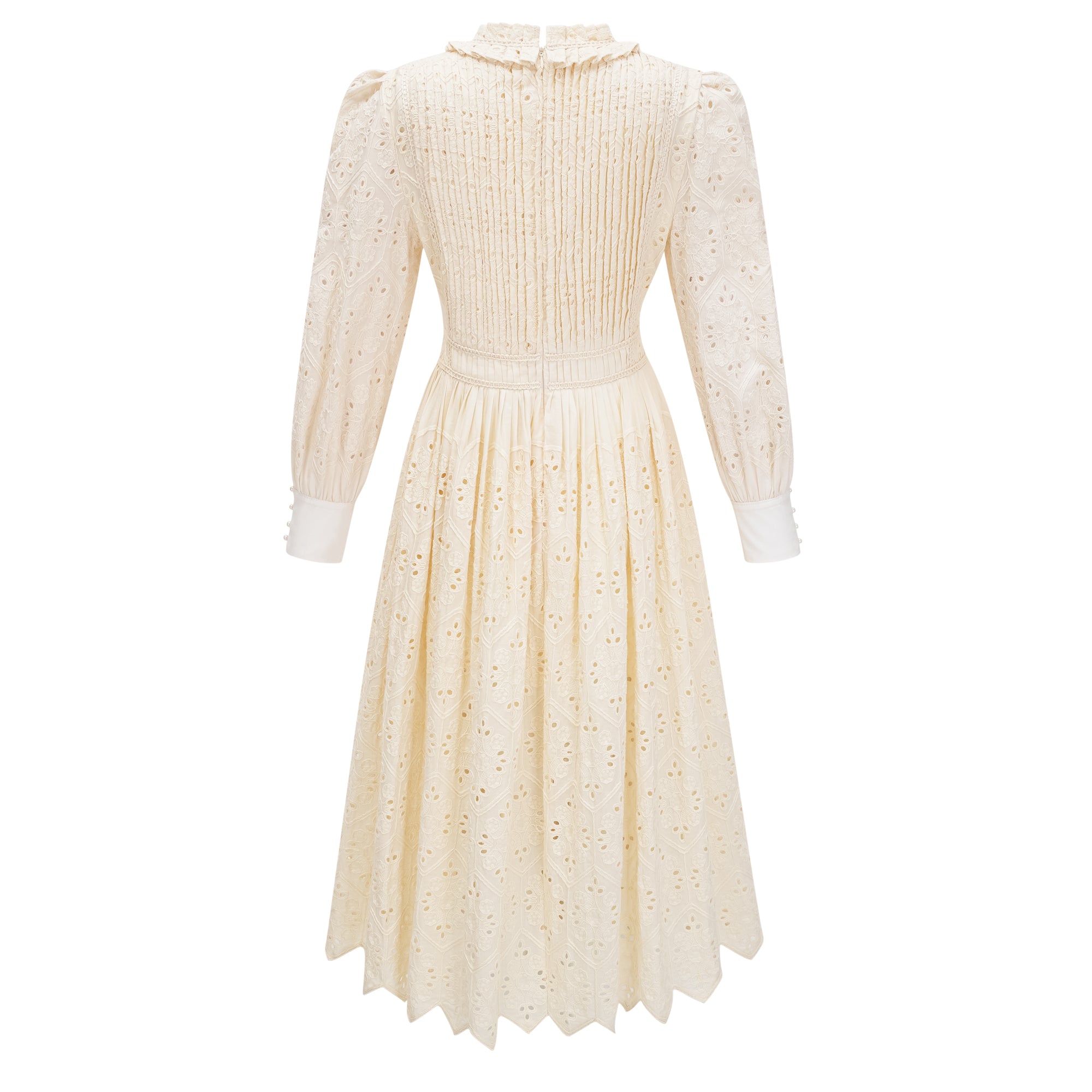 Isabeau Neutral Floral Embroidered Pleated Midi Dress
