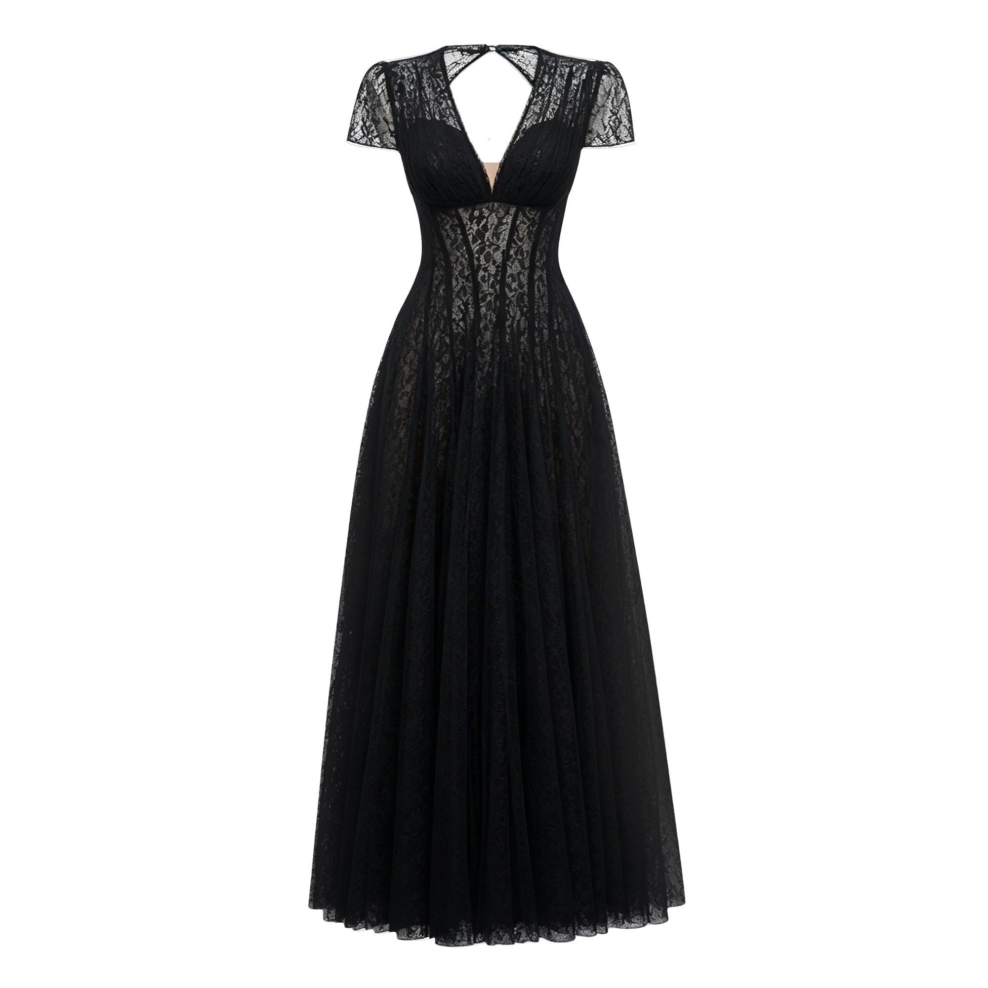 Radiya Black Floral Lace Pleated Maxi Dress
