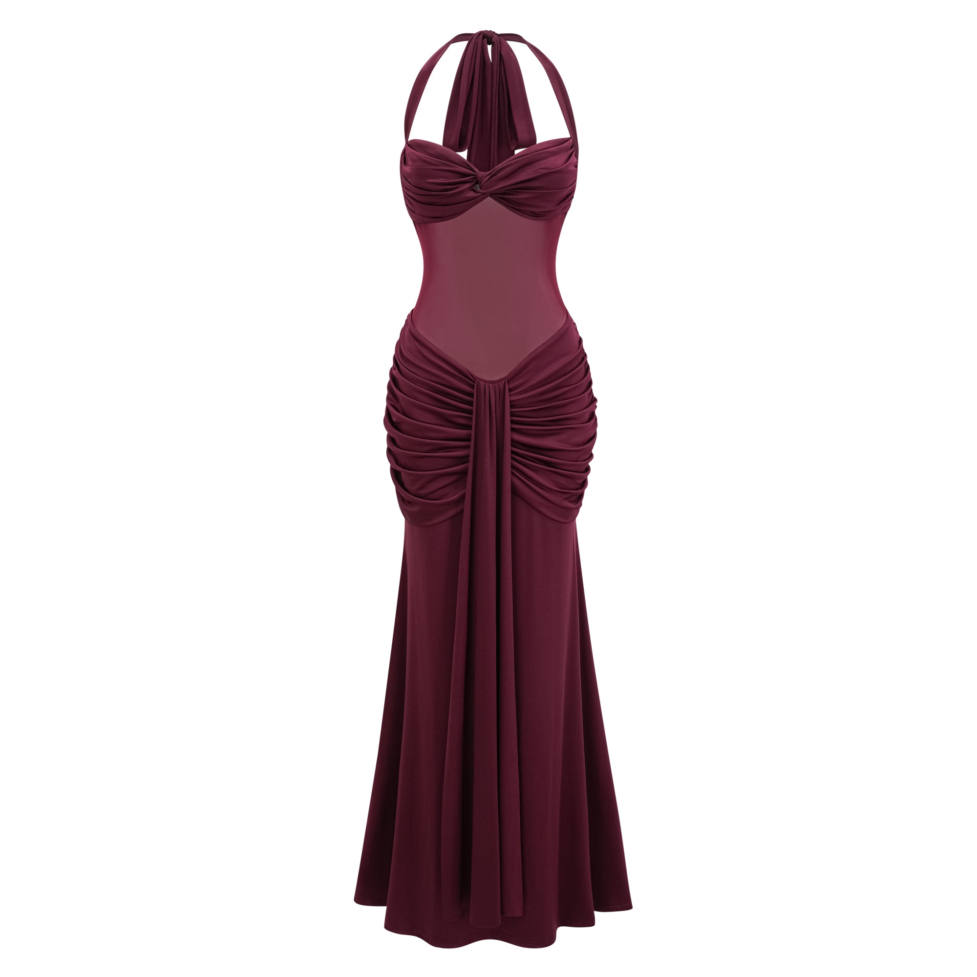 Amandine Burgunderfarbenes Neckholder-Maxikleid mit Raffungen