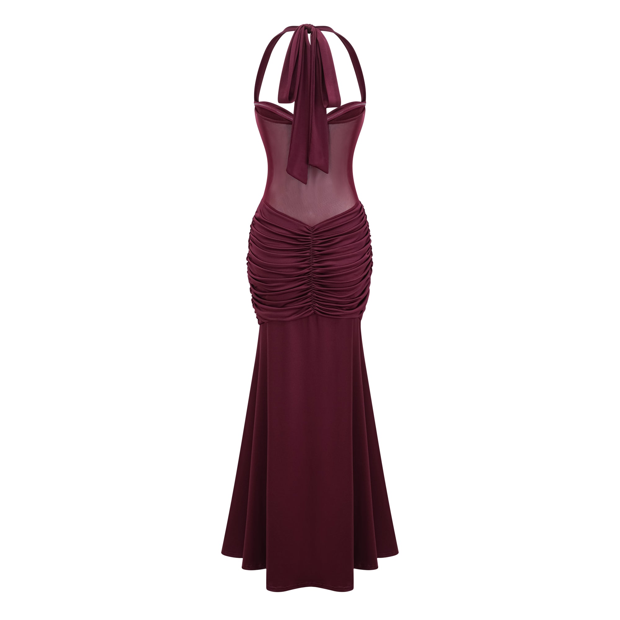 Amandine Burgunderfarbenes Neckholder-Maxikleid mit Raffungen