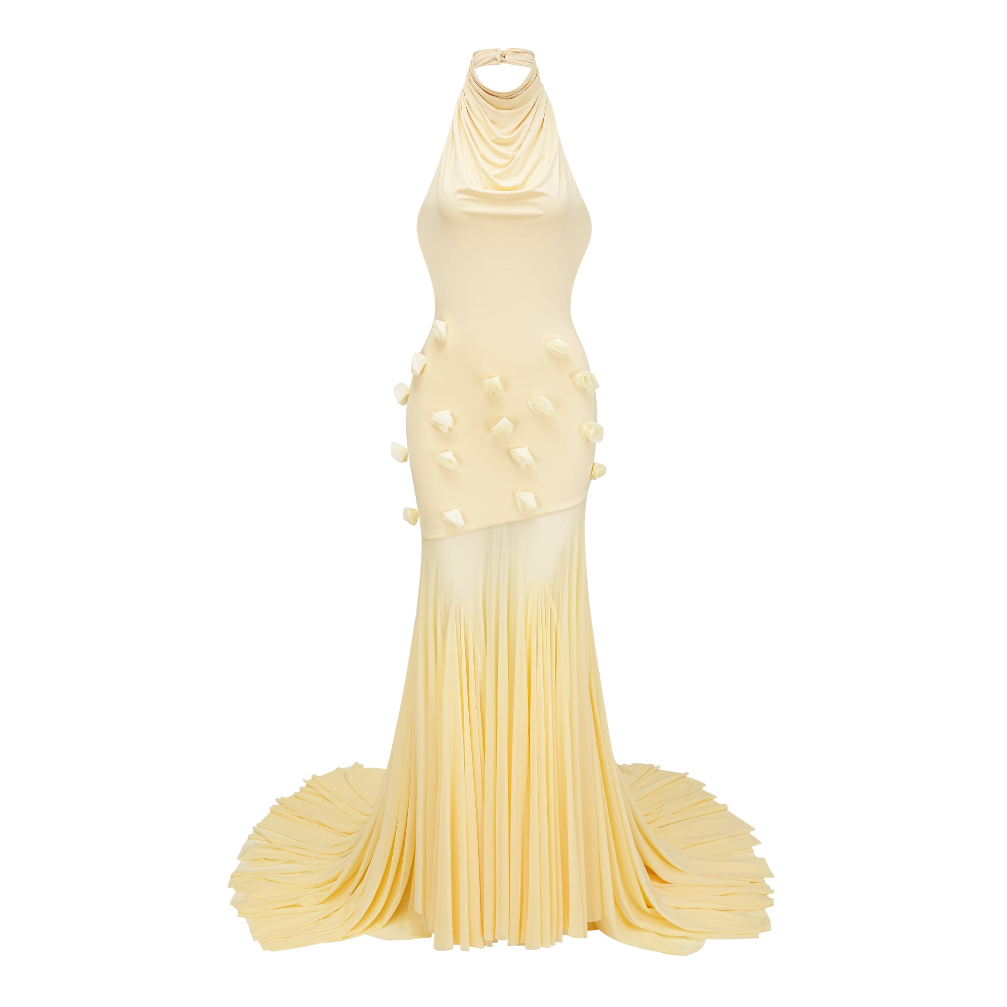 فستان يفت الأصفر ذو الأكمام الطويلة ذو طبقات بتلات ثلاثية الأبعاد