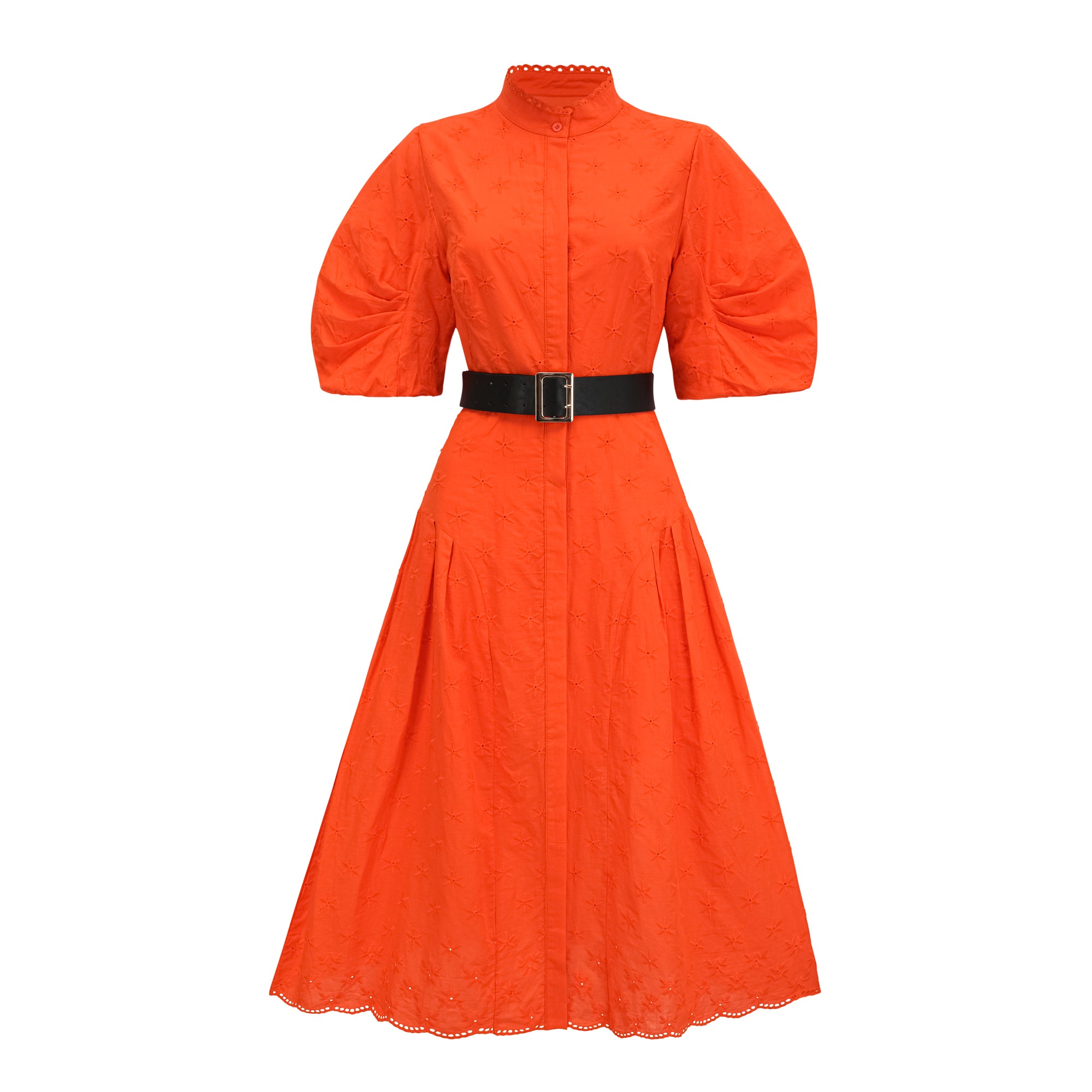 Cordelia Midikleid mit Puffärmeln und Lochstickerei in Orange