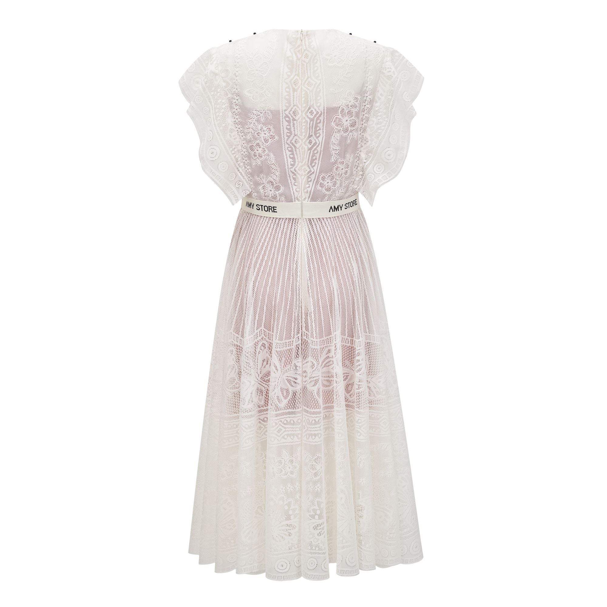 فستان فيبي متوسط ​​الطول من قماش الجاكار الأبيض المزهر والدانتيل