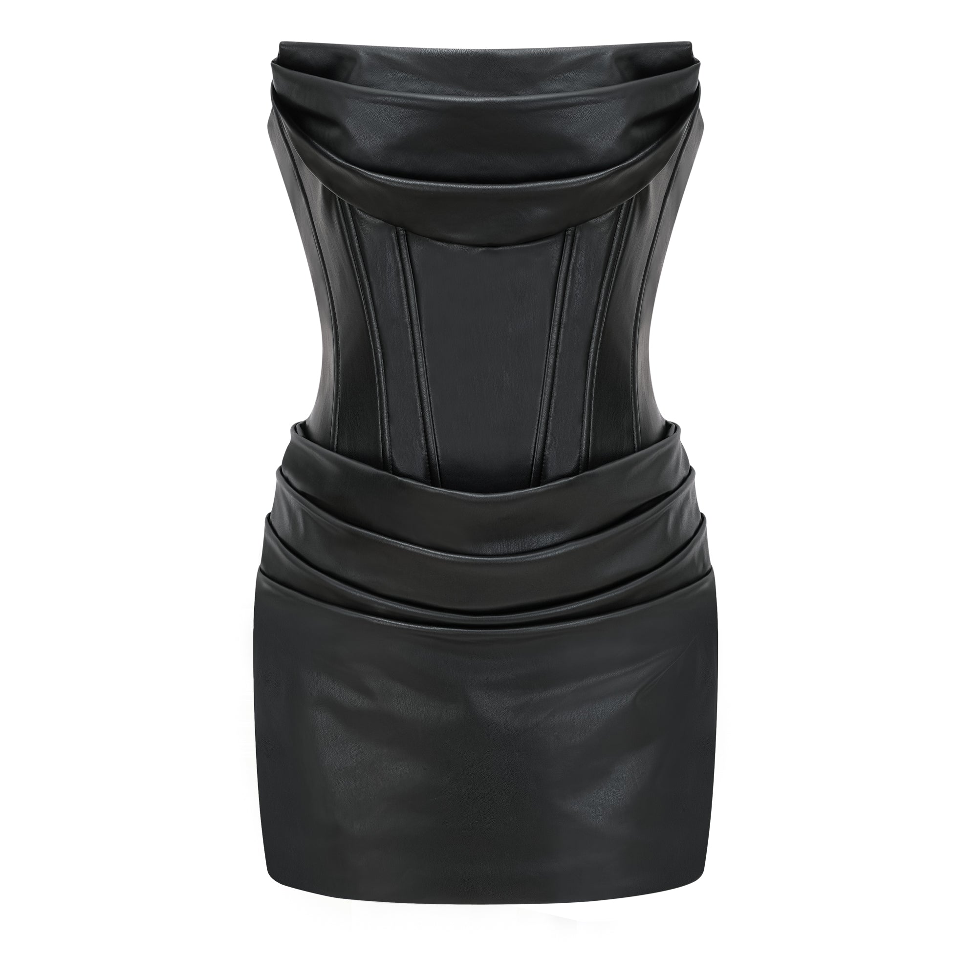 Agnes Black Ruched Leather Bodycon Mini Dress