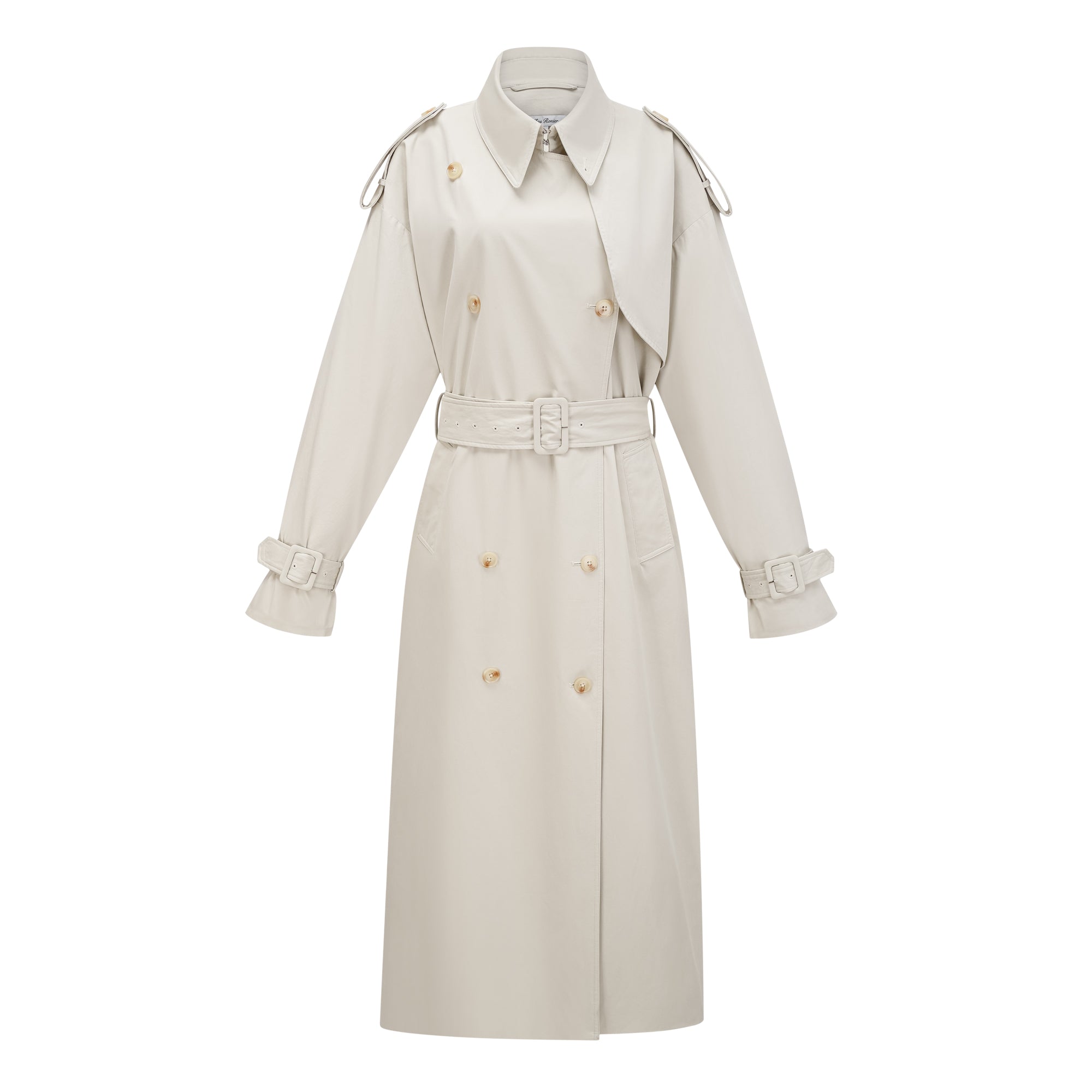 Bruyère Weißer, zweireihiger, langer Trenchcoat